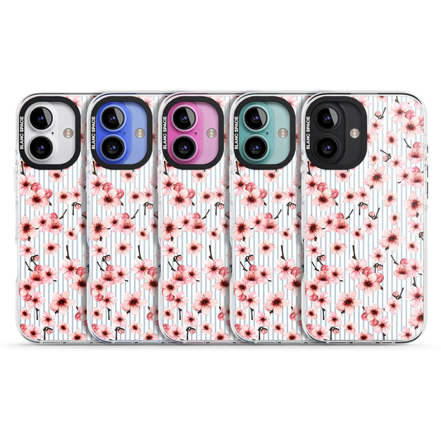 iPhone 16 Pro Max Cherry Blossoms on Blue Stripes Pattern Black Impact Phone Case