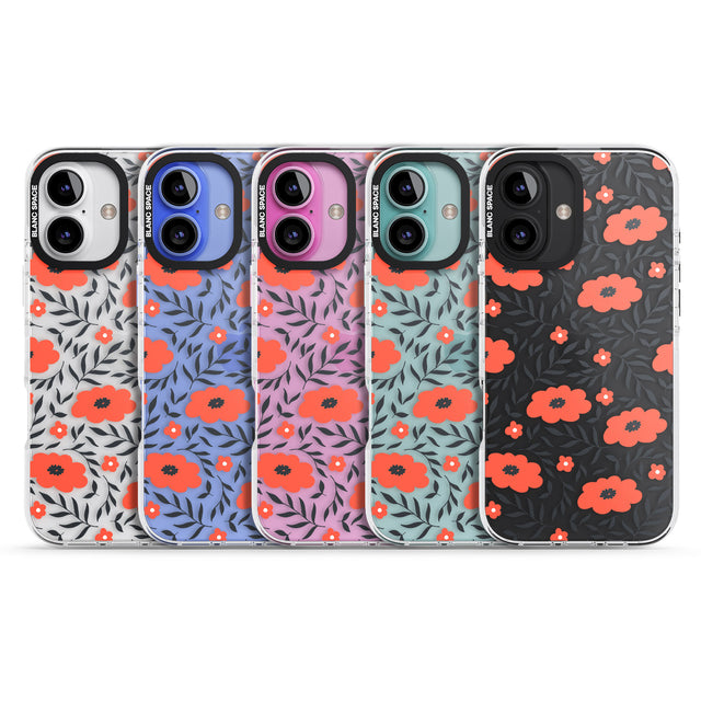 iPhone 16 Pro Max Red Poppy Transparent Floral Black Impact Phone Case