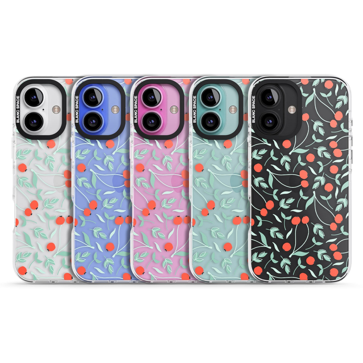 iPhone 16 Pro Max Red Berries Transparent Floral Black Impact Phone Case