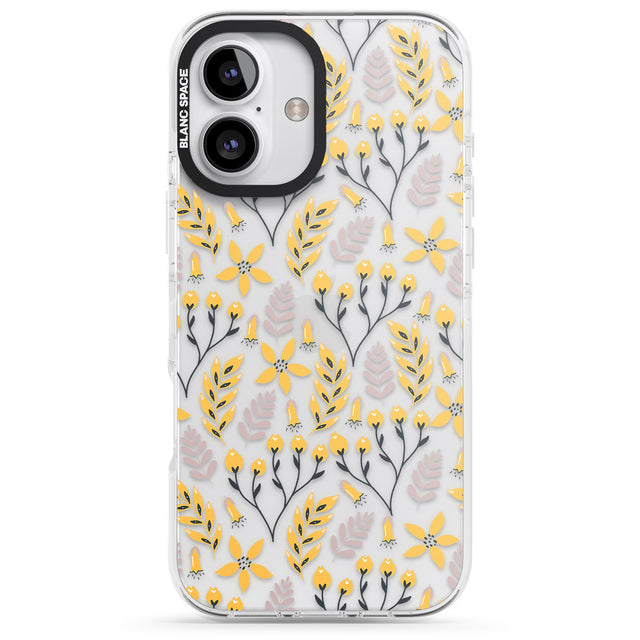 iPhone 16 Pro Max Yellow Leaves Transparent Floral Black Impact Phone Case