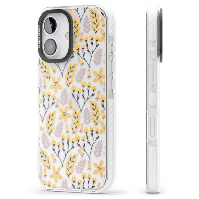 iPhone 16 Pro Max Yellow Leaves Transparent Floral Black Impact Phone Case