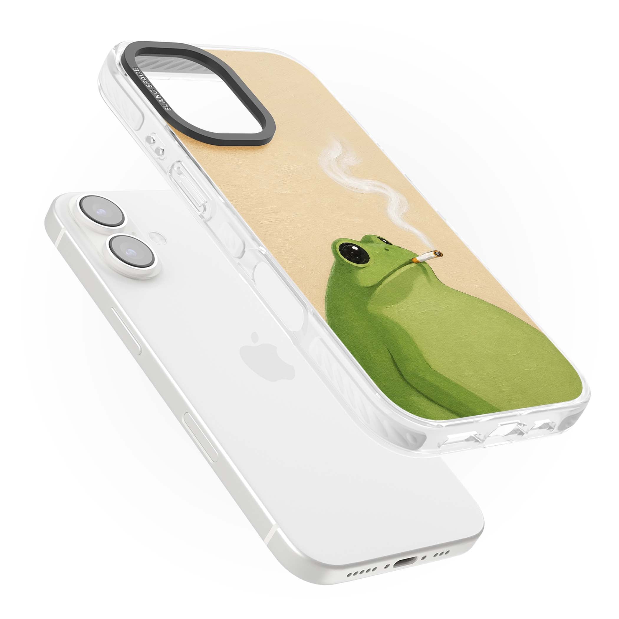 The Smoking Frog cottagecore iPhone case featuring a hand-painted green frog smoking a cigarette on a cream oil painting back | Clear Impact case for iPhone 16, iPhone 16 Plus