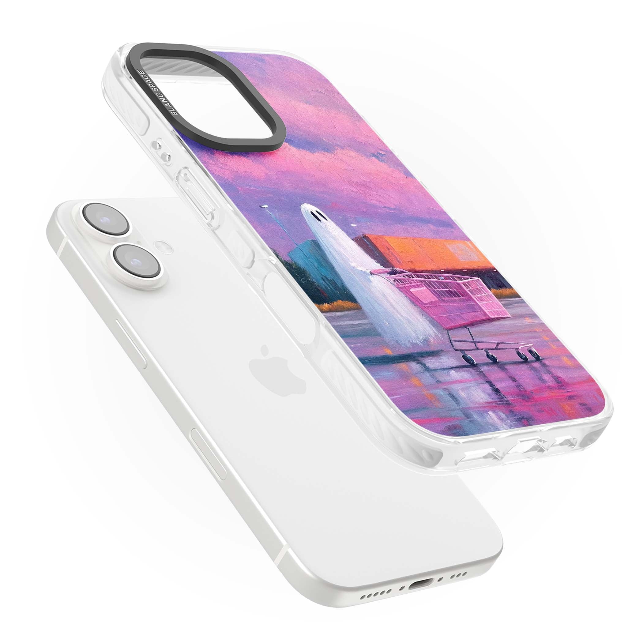 A Ghost's Errand ghost halloween iPhone case featuring a painted ghost, pink shopping trolley and purple sunset sky | Clear Impact case for iPhone 16, iPhone 16 Plus