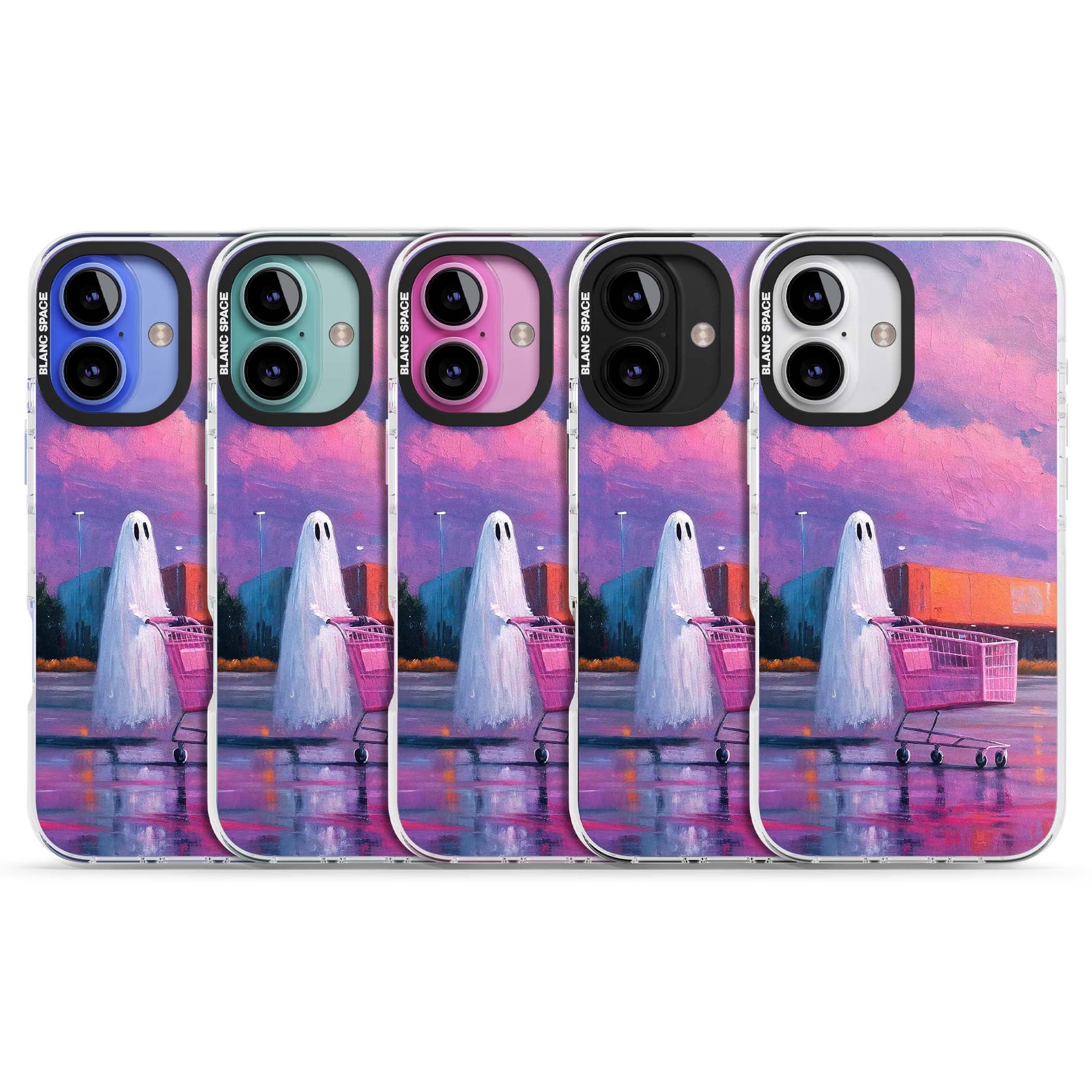 A Ghost's Errand ghost halloween iPhone case featuring a painted ghost, pink shopping trolley and purple sunset sky | Clear Impact case for iPhone 16, iPhone 16 Plus