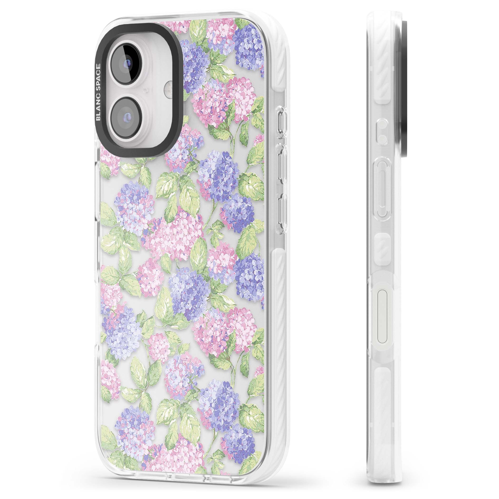 Cottage Hydrangea cottagecore iPhone case featuring pink and purple hydrangea blooms with green leaves on a clear background | Clear Impact case for iPhone 16, iPhone 16 Plus