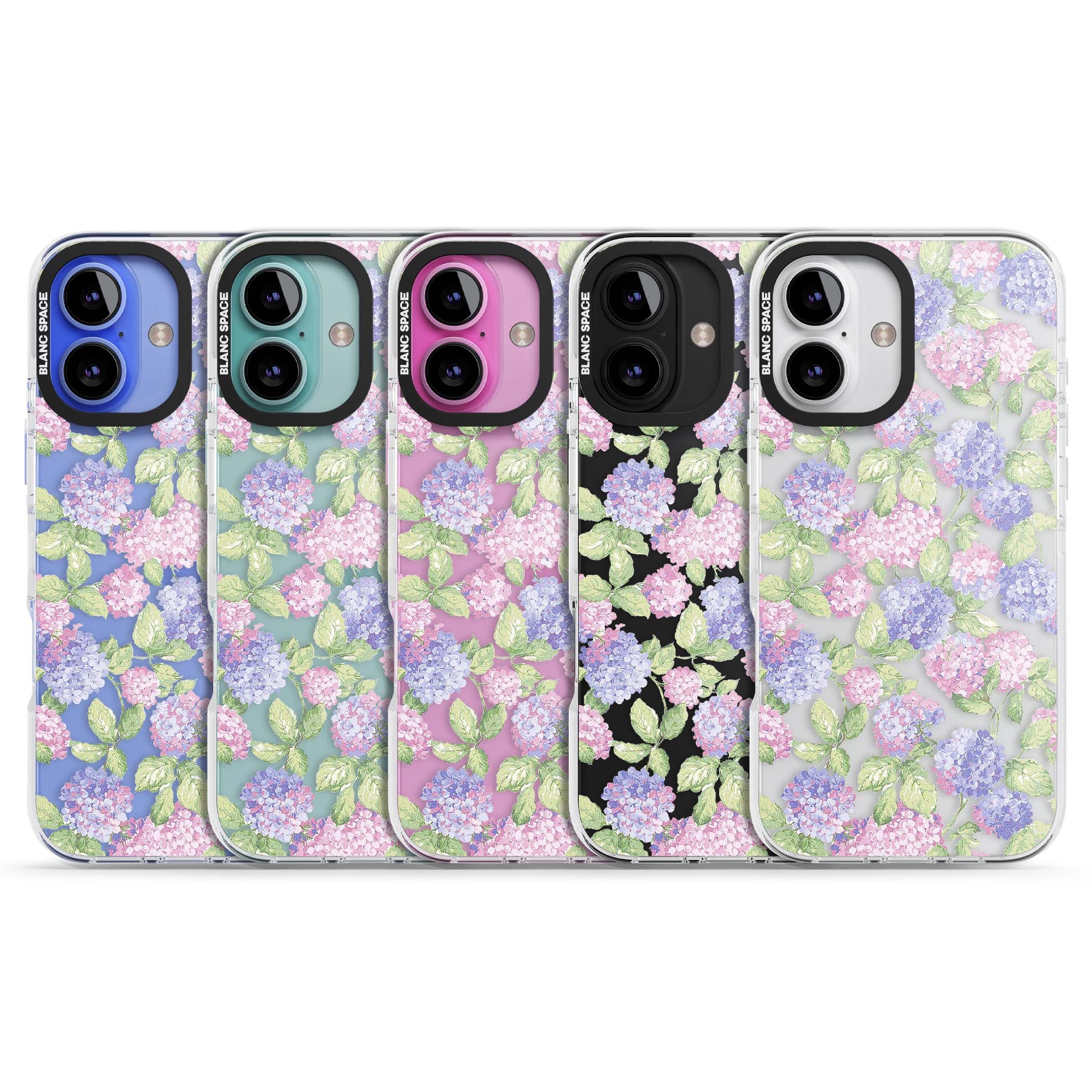 Cottage Hydrangea cottagecore iPhone case featuring pink and purple hydrangea blooms with green leaves on a clear background | Clear Impact case for iPhone 16, iPhone 16 Plus