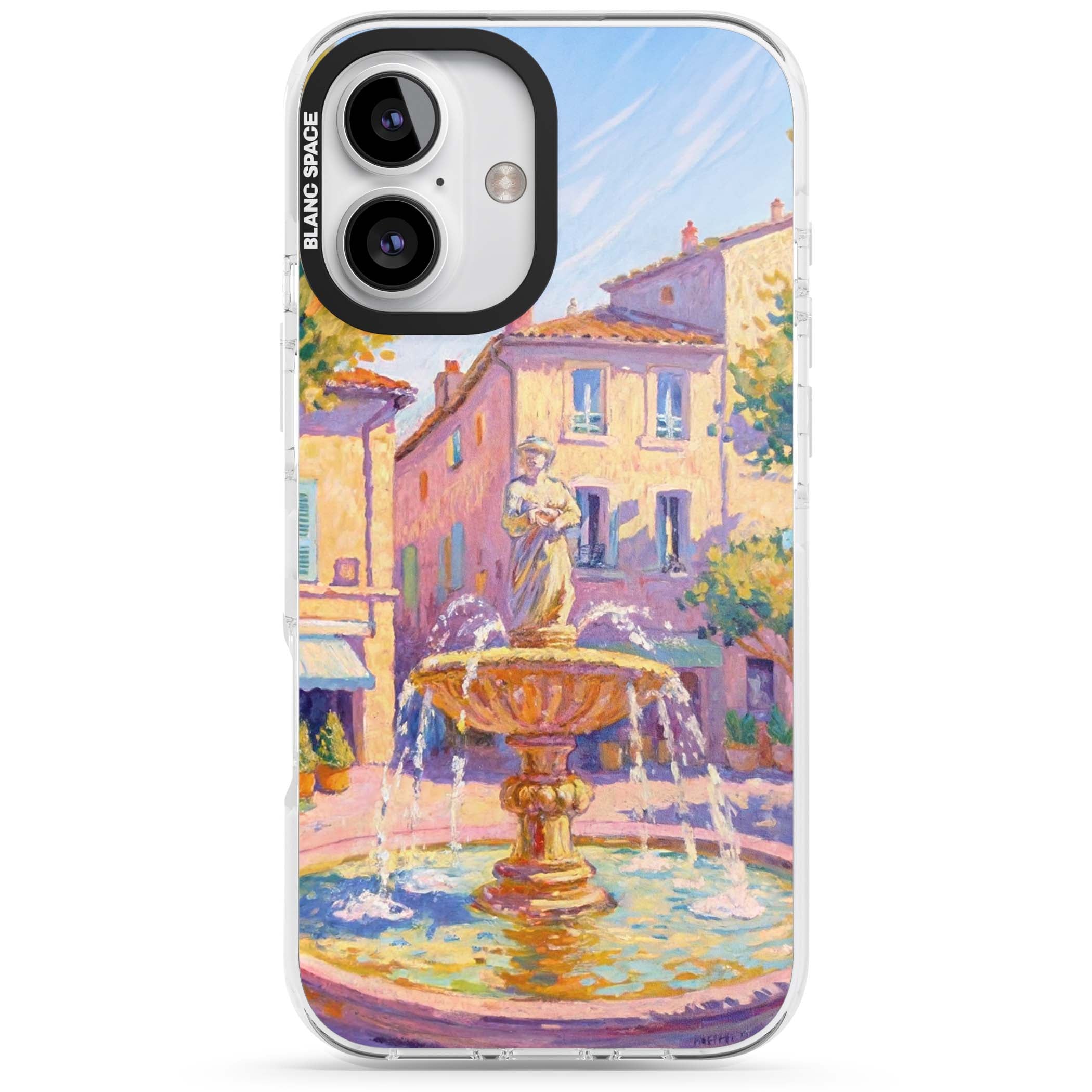 Fountain Square fine art iPhone case featuring an impressionist Provençal fountain, pastel village buildings and summe | Clear Impact case for iPhone 16, iPhone 16 Plus