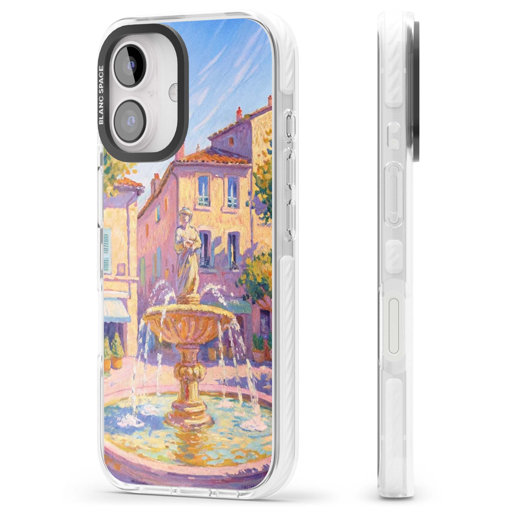 Fountain Square fine art iPhone case featuring an impressionist Provençal fountain, pastel village buildings and summe | Clear Impact case for iPhone 16, iPhone 16 Plus