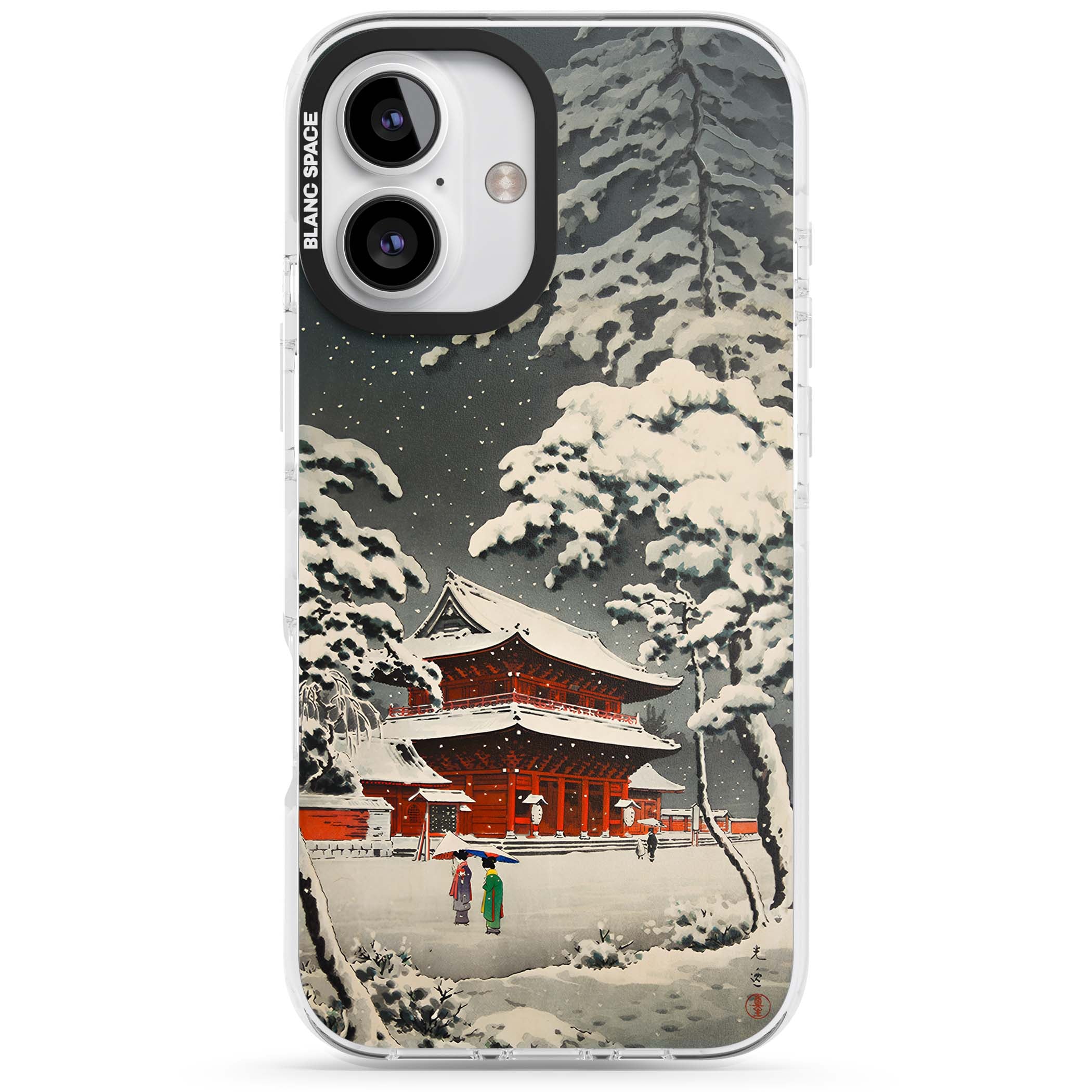 Snow at Shiha Park, Tokyo Japanese art iPhone case featuring a vintage ukiyo-e snowy temple, red pagoda, and snow-covered pin | Clear Impact case for iPhone 16, iPhone 16 Plus