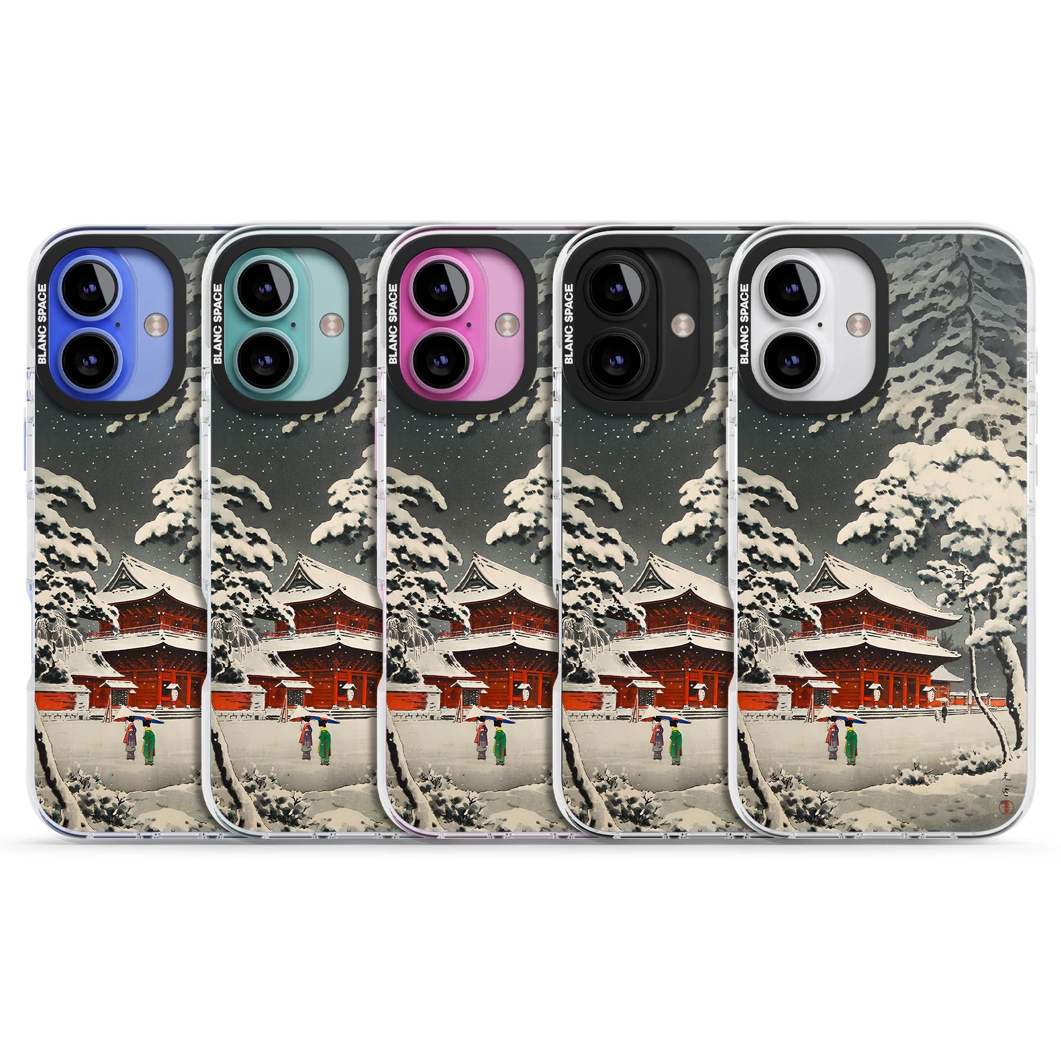 Snow at Shiha Park, Tokyo Japanese art iPhone case featuring a vintage ukiyo-e snowy temple, red pagoda, and snow-covered pin | Clear Impact case for iPhone 16, iPhone 16 Plus