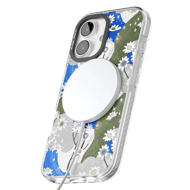 iPhone 16 Pro Max Blue & Grey Daisies Pattern Black Impact Phone Case