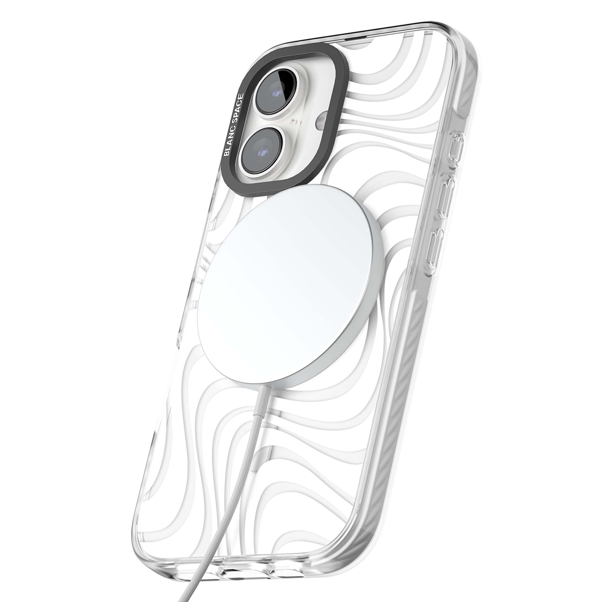 White Abstract Waves abstract iPhone case featuring flowing grey wave pattern on clear background | Impact Magsafe case for iPhone 16, iPhone 16 Plus