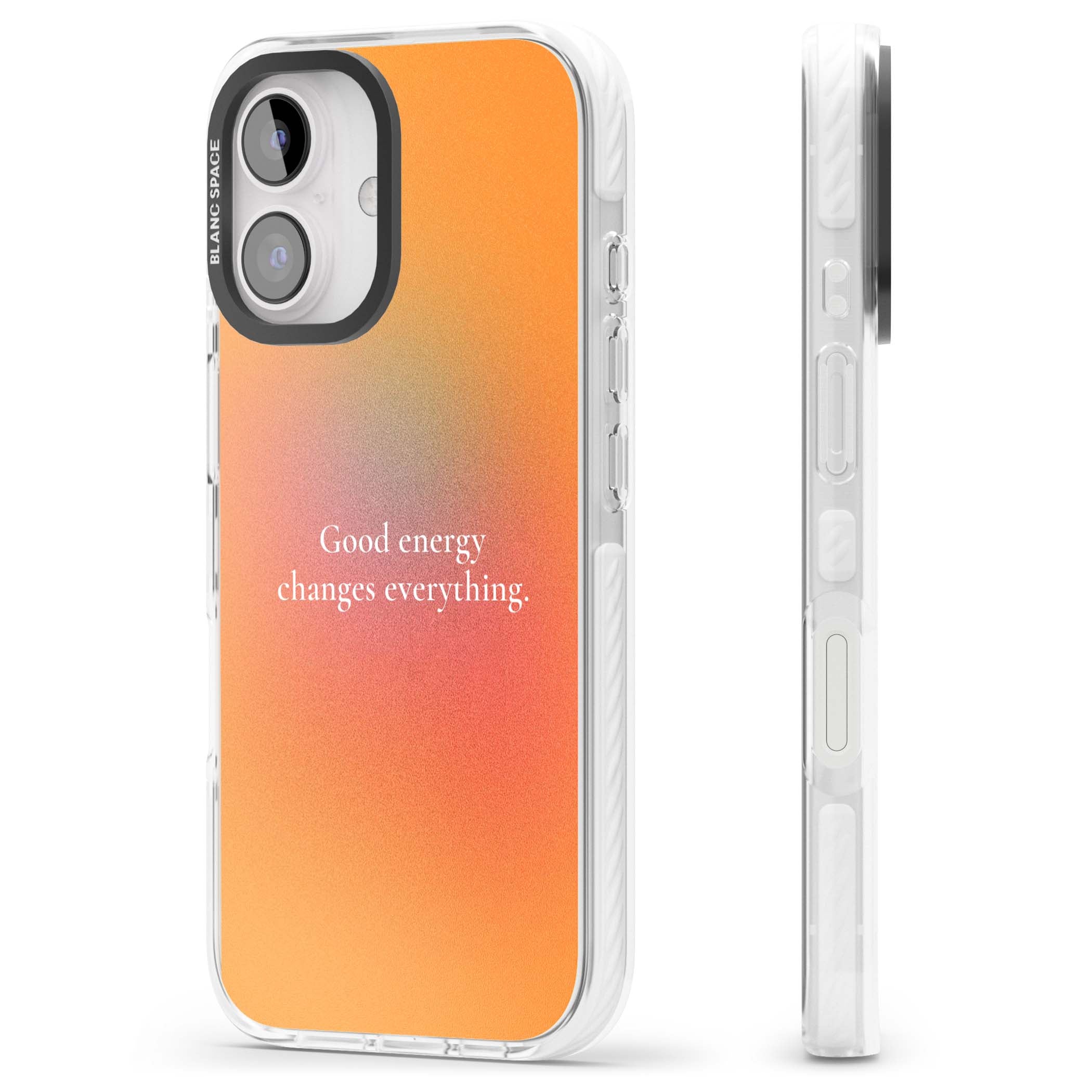 Good Energy quote iPhone case featuring an orange and pink aura gradient with white serif affirmation text | Impact Magsafe case for iPhone 16, iPhone 16 Plus