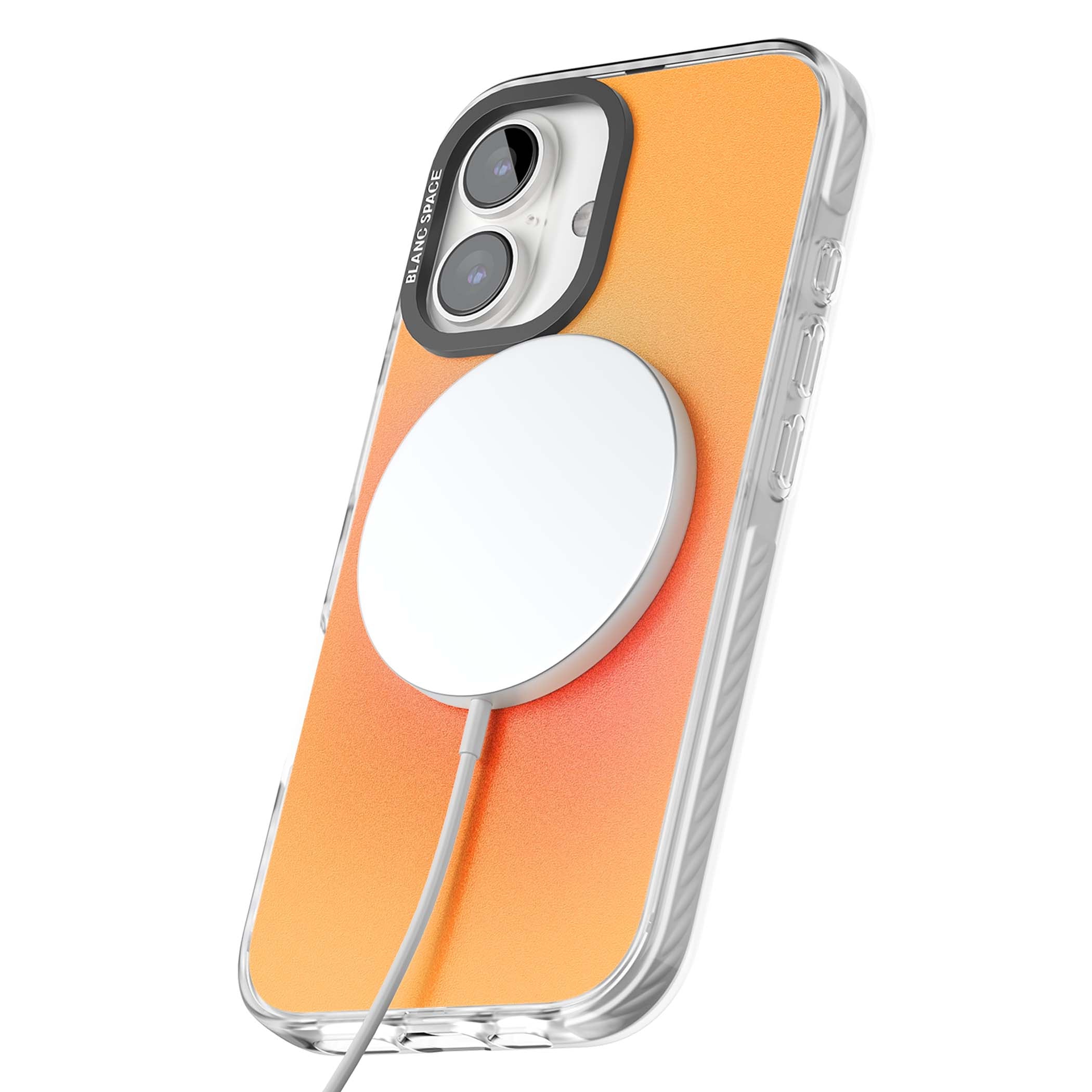 Good Energy quote iPhone case featuring an orange and pink aura gradient with white serif affirmation text | Impact Magsafe case for iPhone 16, iPhone 16 Plus