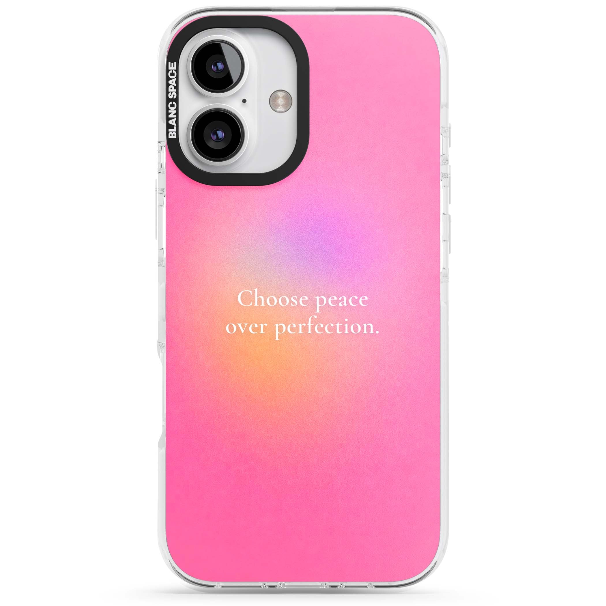 Peace Over Perfection quote iPhone case featuring a dreamy pink aura gradient and delicate white affirmation text | Impact Magsafe case for iPhone 16, iPhone 16 Plus
