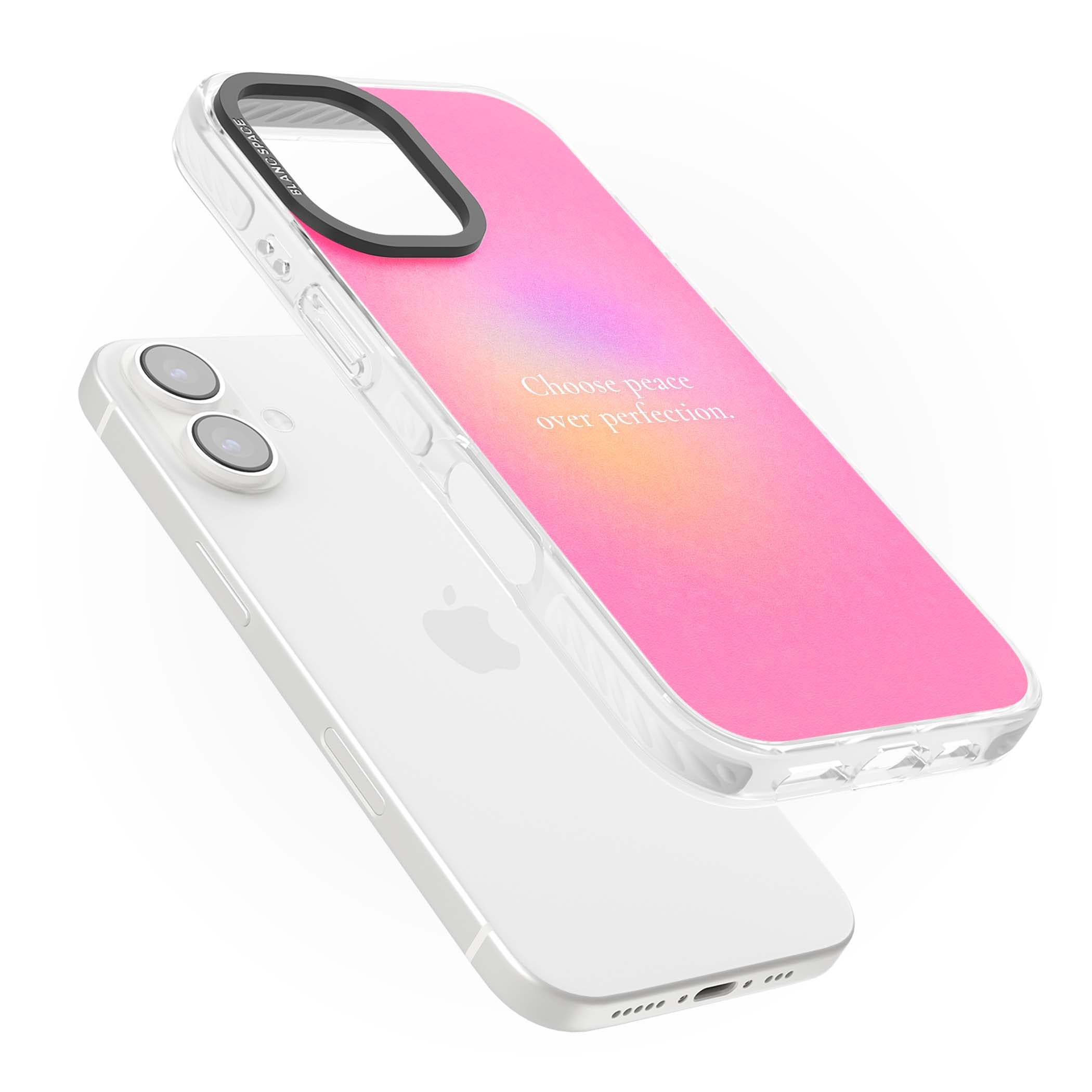 Peace Over Perfection quote iPhone case featuring a dreamy pink aura gradient and delicate white affirmation text | Impact Magsafe case for iPhone 16, iPhone 16 Plus