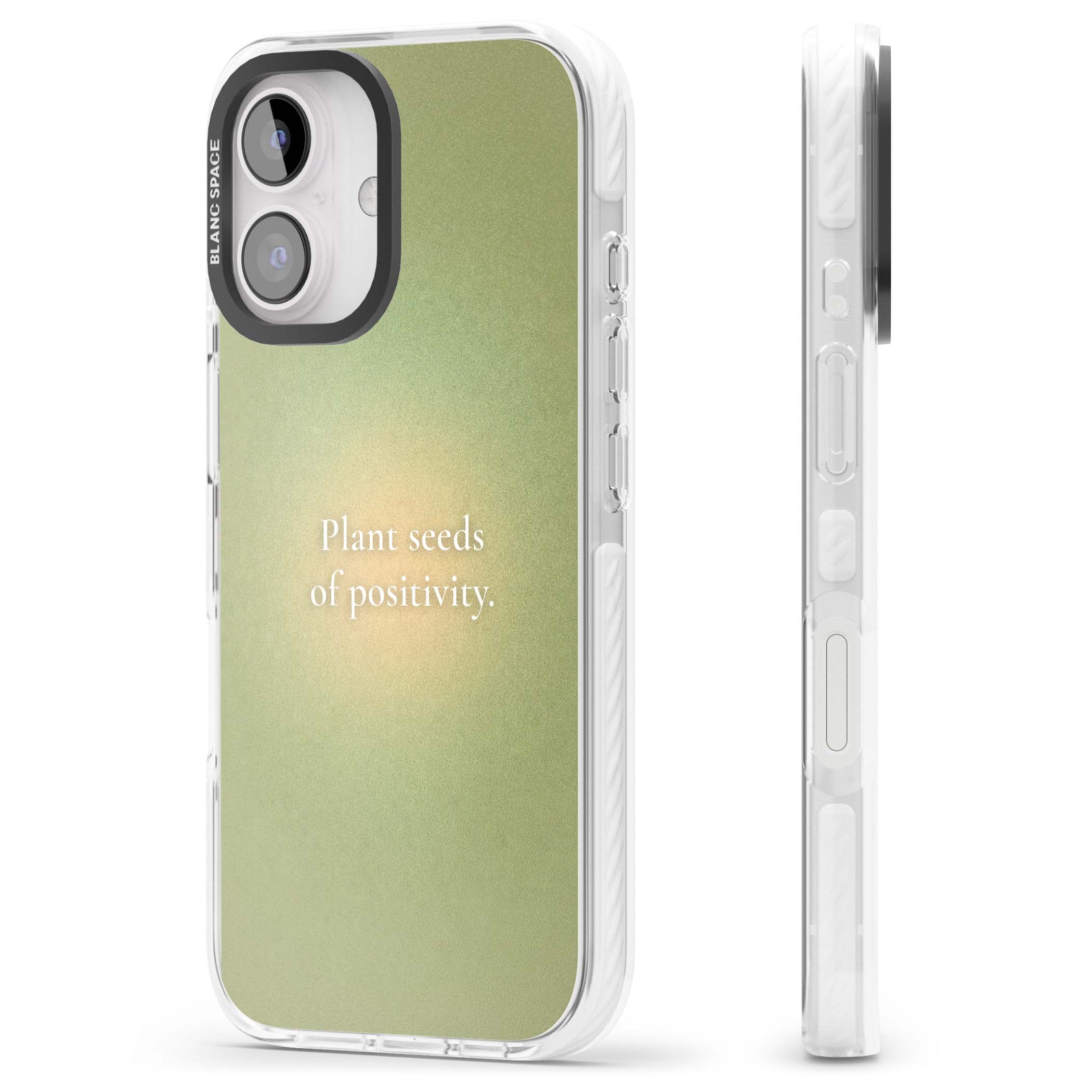 Seeds of Positivity quote iPhone case featuring a sage green aura gradient and golden glow affirmation | Impact Magsafe case for iPhone 16, iPhone 16 Plus
