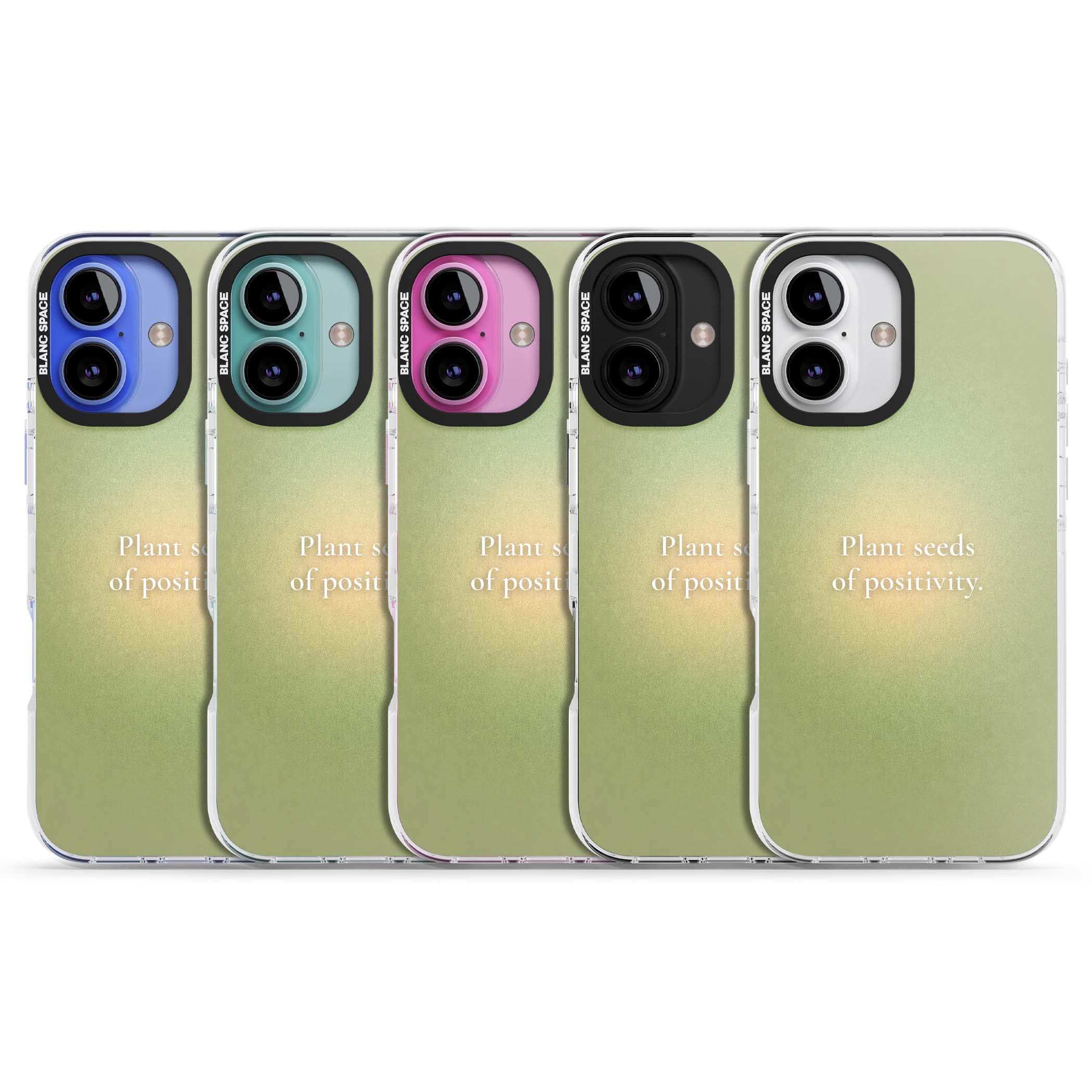 Seeds of Positivity quote iPhone case featuring a sage green aura gradient and golden glow affirmation | Impact Magsafe case for iPhone 16, iPhone 16 Plus