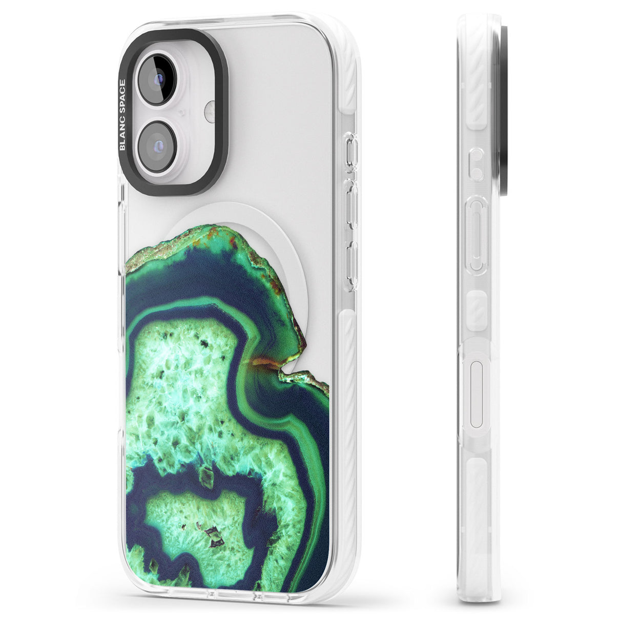 iPhone 16 Pro Max Neon Green & Blue Agate Crystal Transparent Design Black Impact Phone Case