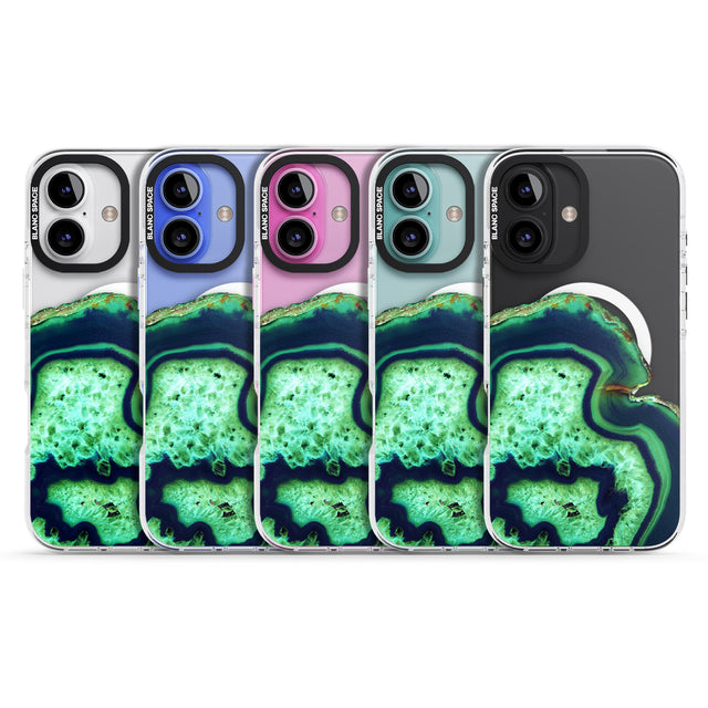 iPhone 16 Pro Max Neon Green & Blue Agate Crystal Transparent Design Black Impact Phone Case