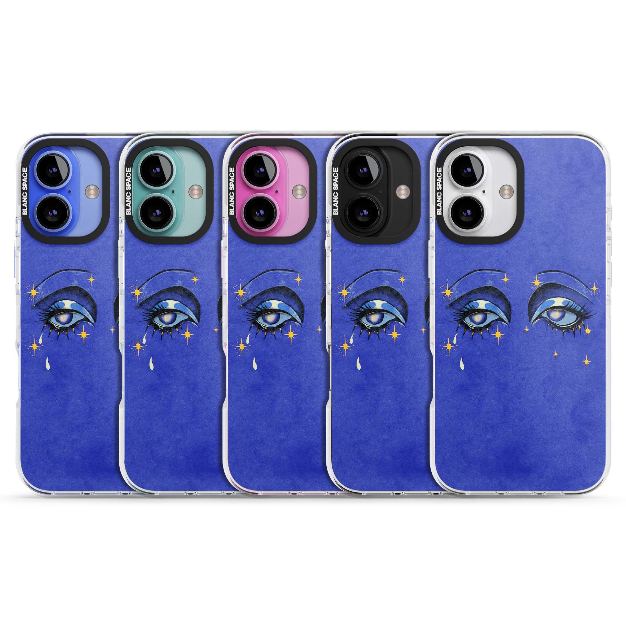 Blue Mystic Eyes celestial iPhone case featuring hand drawn blue mystical eyes, golden stars and a painted tear on indigo | Impact Magsafe case for iPhone 16, iPhone 16 Plus