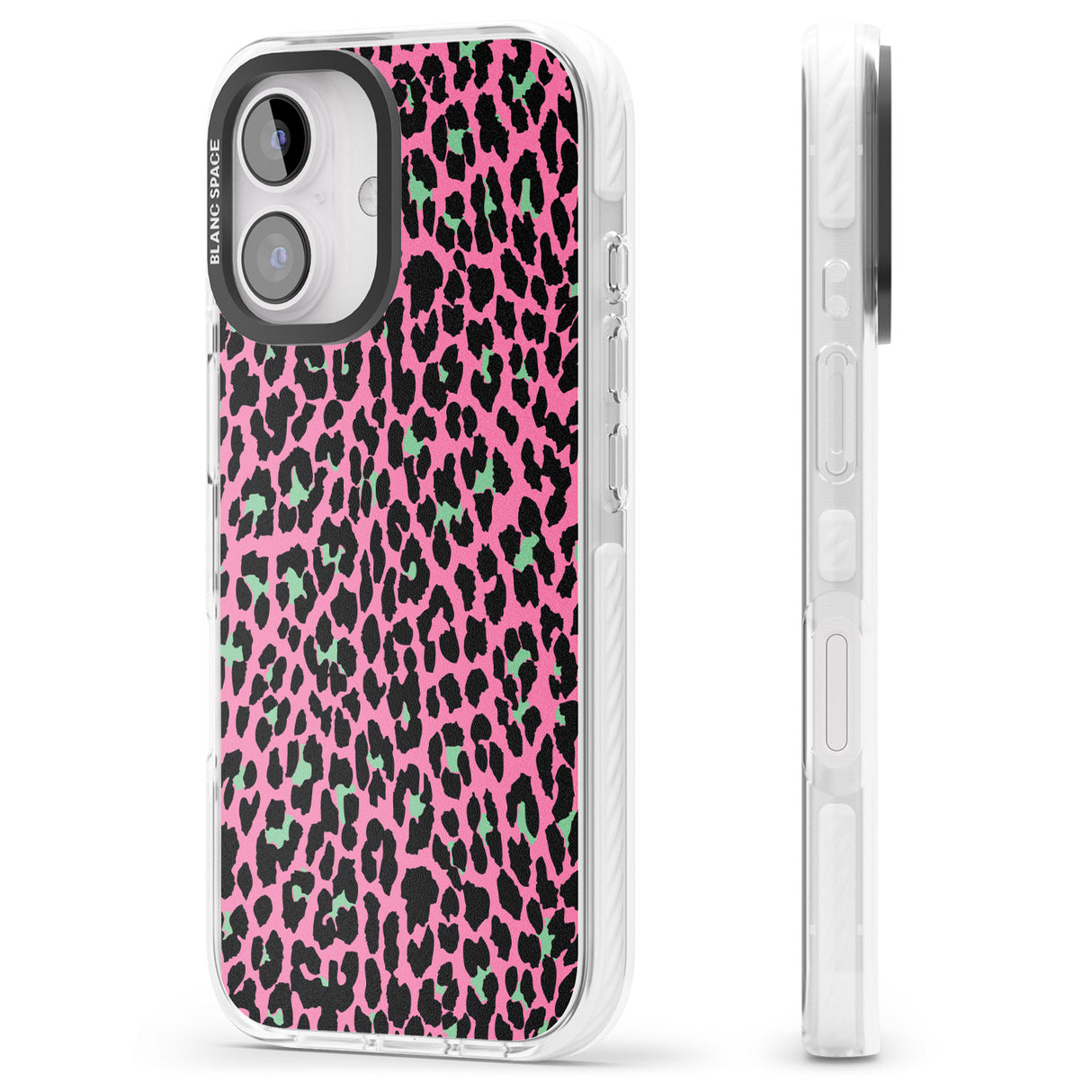 iPhone 16 Pro Max Green on Pink Leopard Print Pattern Black Impact Phone Case