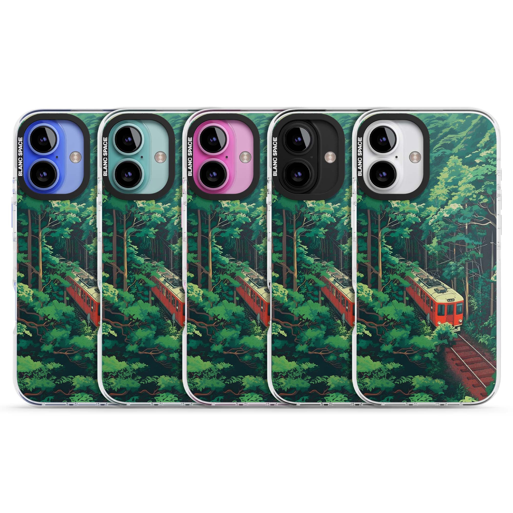 Railway In Toyama Japanese iPhone case featuring a red train, cedar forest and winding mountain railway tracks | Impact Magsafe case for iPhone 16, iPhone 16 Plus