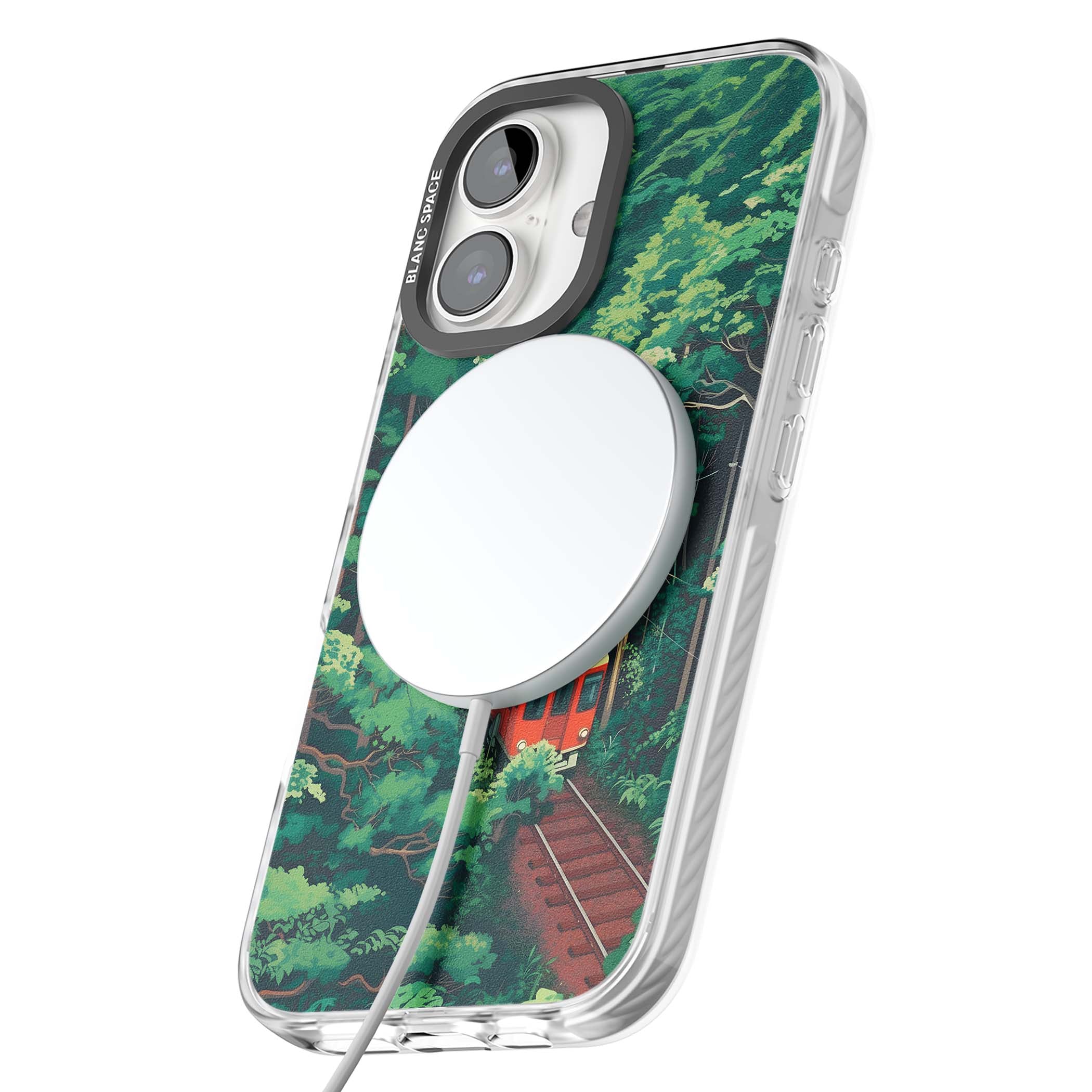 Railway In Toyama Japanese iPhone case featuring a red train, cedar forest and winding mountain railway tracks | Impact Magsafe case for iPhone 16, iPhone 16 Plus