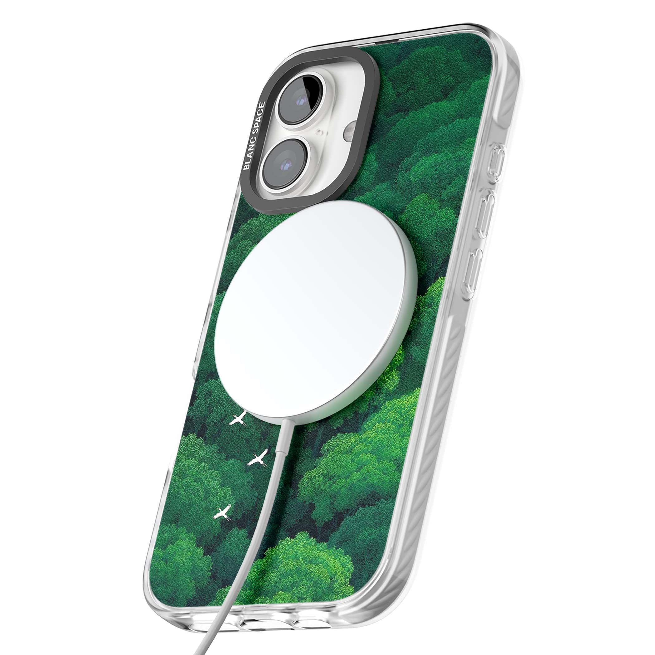 Grove Migration forest iPhone case featuring white cranes flying over lush green treetop canopy | Impact Magsafe case for iPhone 16, iPhone 16 Plus