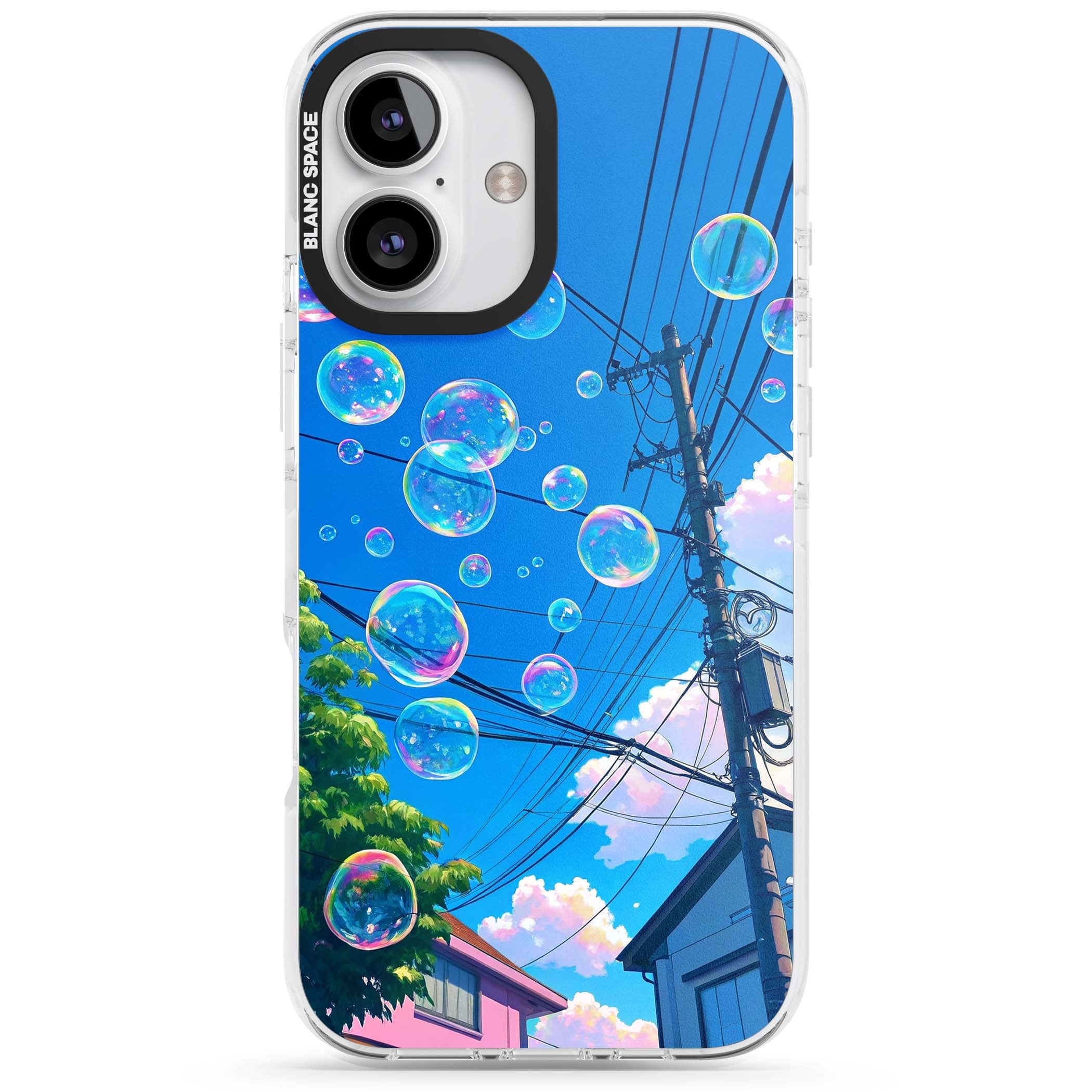 Suburban Bubbles anime iPhone case featuring iridescent soap bubbles, blue sky and Japanese telephone wires | Impact Magsafe case for iPhone 16, iPhone 16 Plus