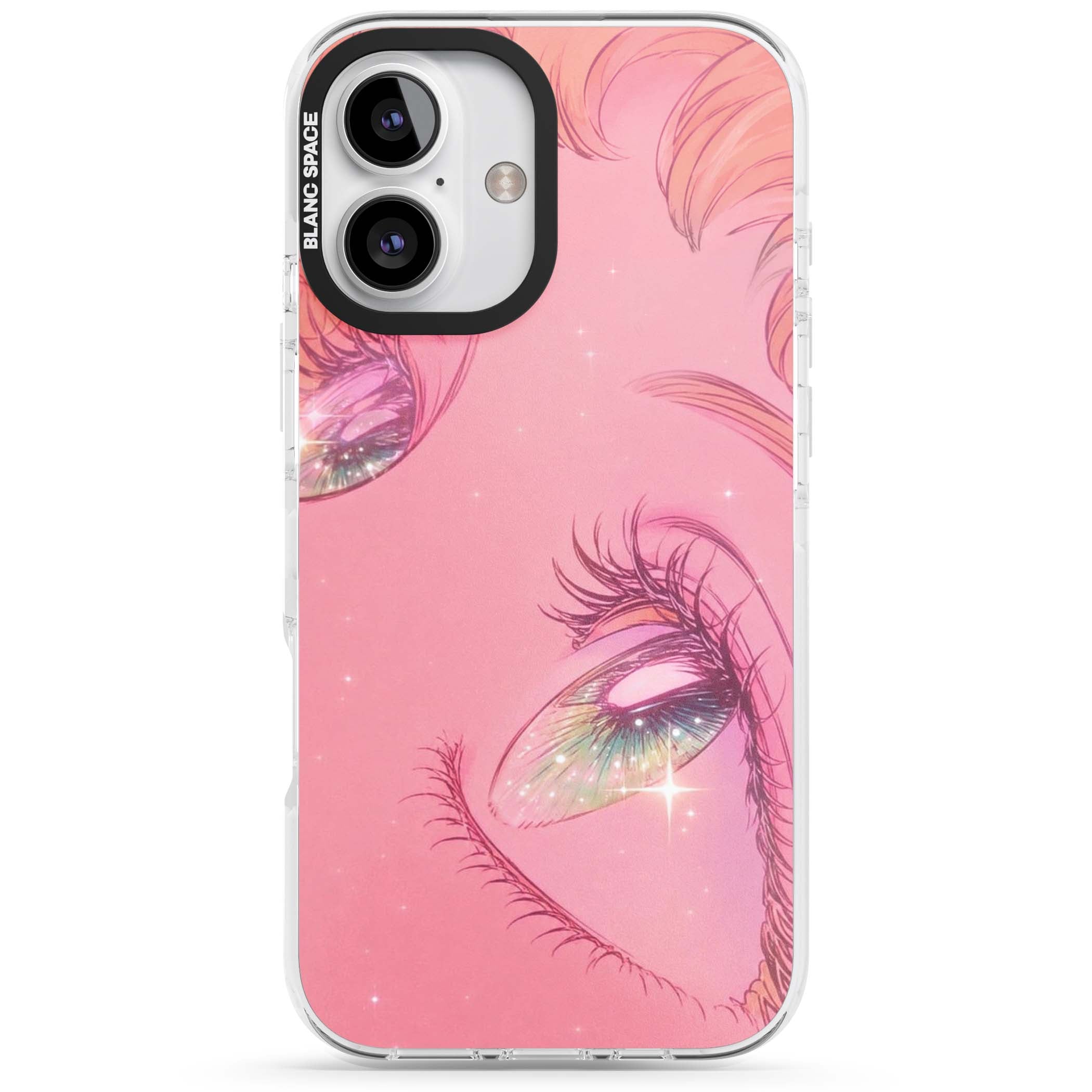 Pink Ethereal Gaze anime iPhone case featuring sparkling manga eyes, coral lashes and dreamy peach sky | Impact Magsafe case for iPhone 16, iPhone 16 Plus