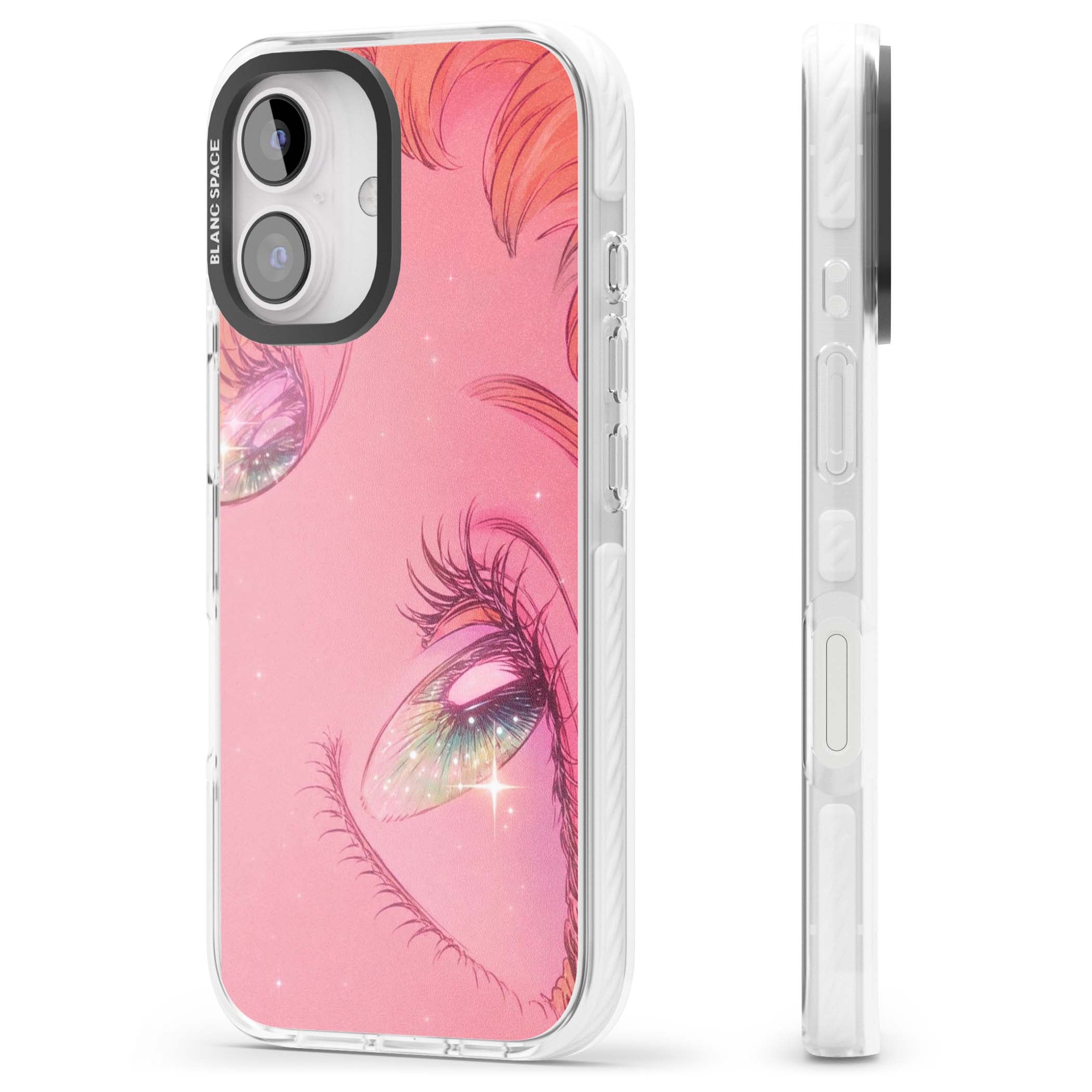 Pink Ethereal Gaze anime iPhone case featuring sparkling manga eyes, coral lashes and dreamy peach sky | Impact Magsafe case for iPhone 16, iPhone 16 Plus