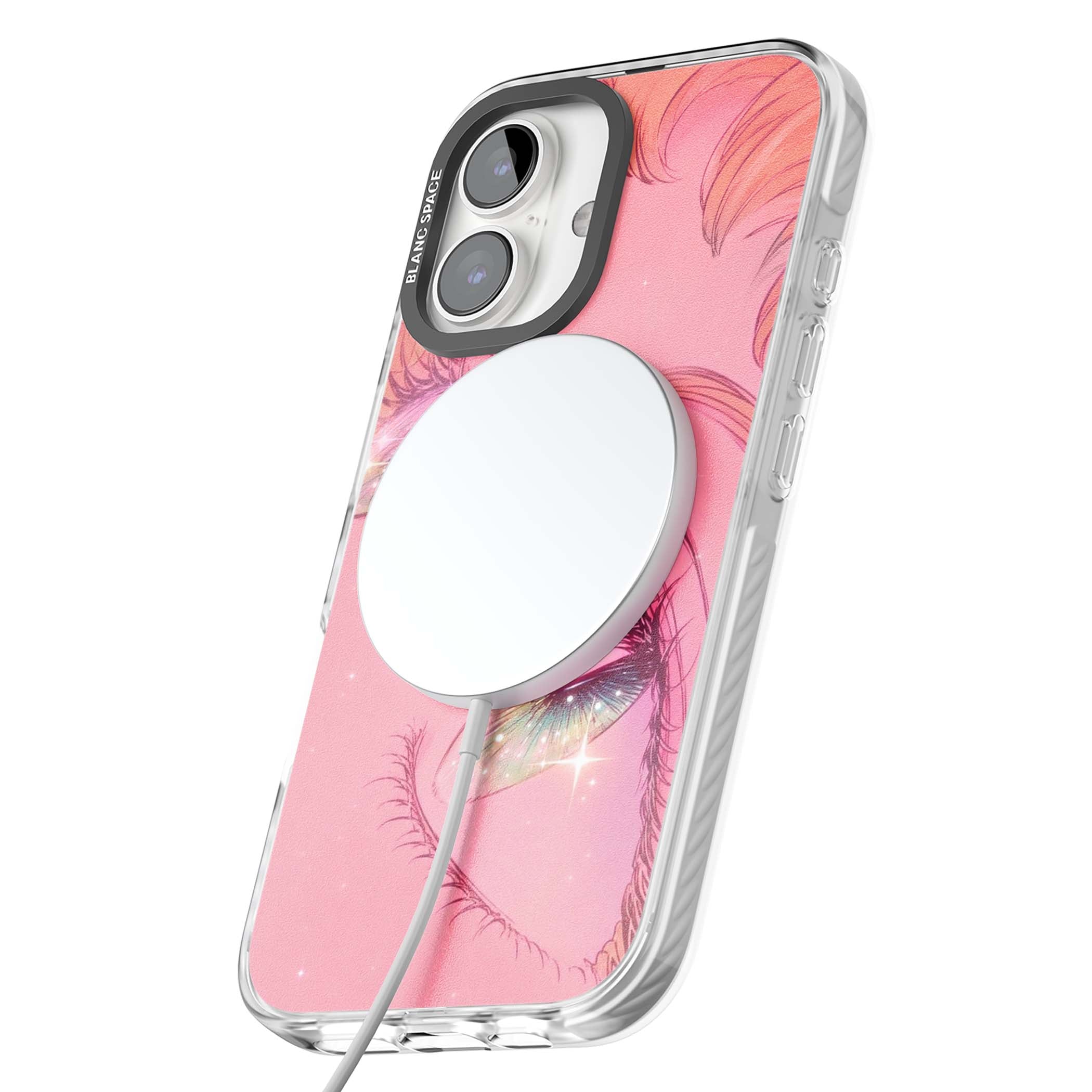 Pink Ethereal Gaze anime iPhone case featuring sparkling manga eyes, coral lashes and dreamy peach sky | Impact Magsafe case for iPhone 16, iPhone 16 Plus