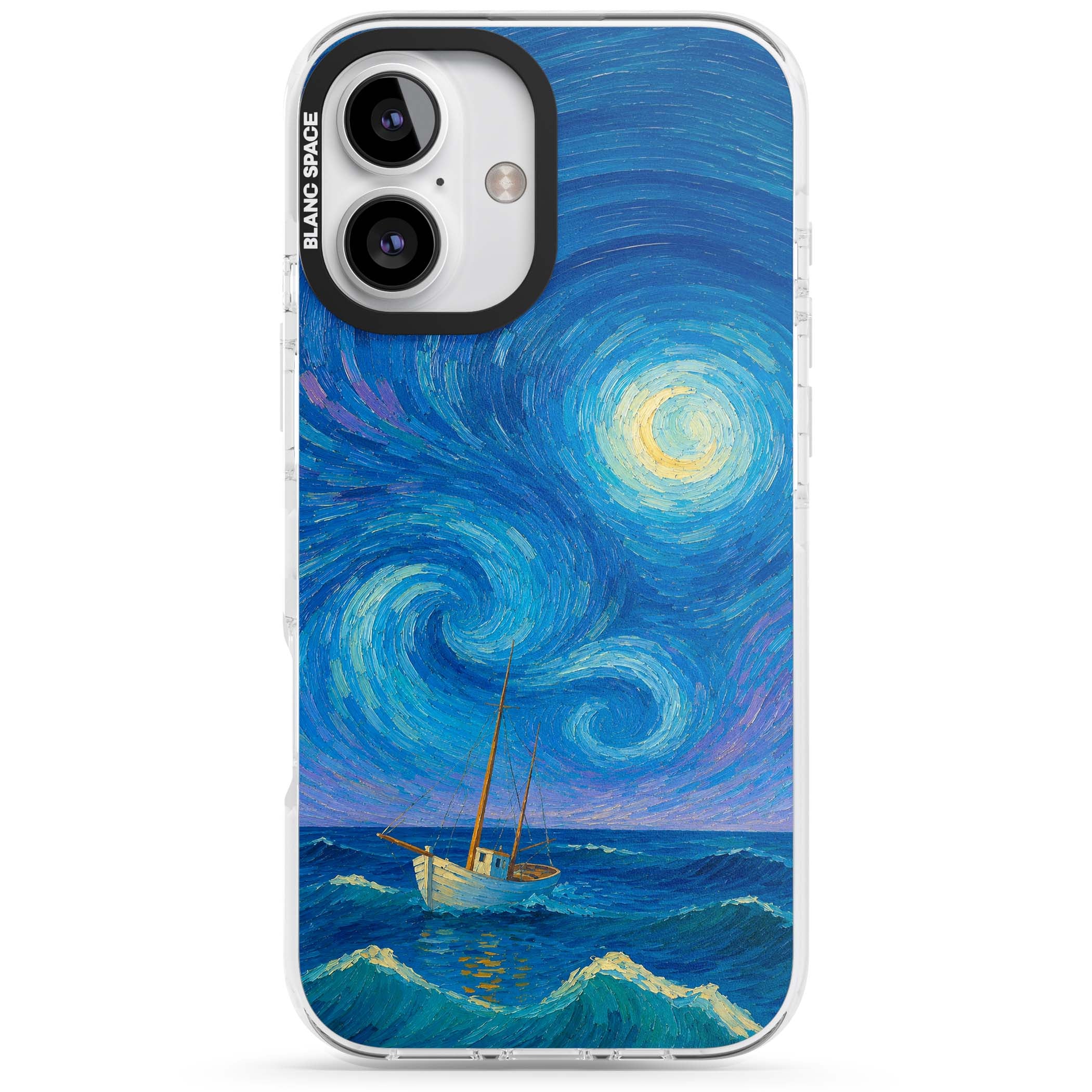 Moonlit Tide Van Gogh art iPhone case featuring swirling starry night sky, glowing moon and lone sailing boat at sea | Impact Magsafe case for iPhone 16, iPhone 16 Plus