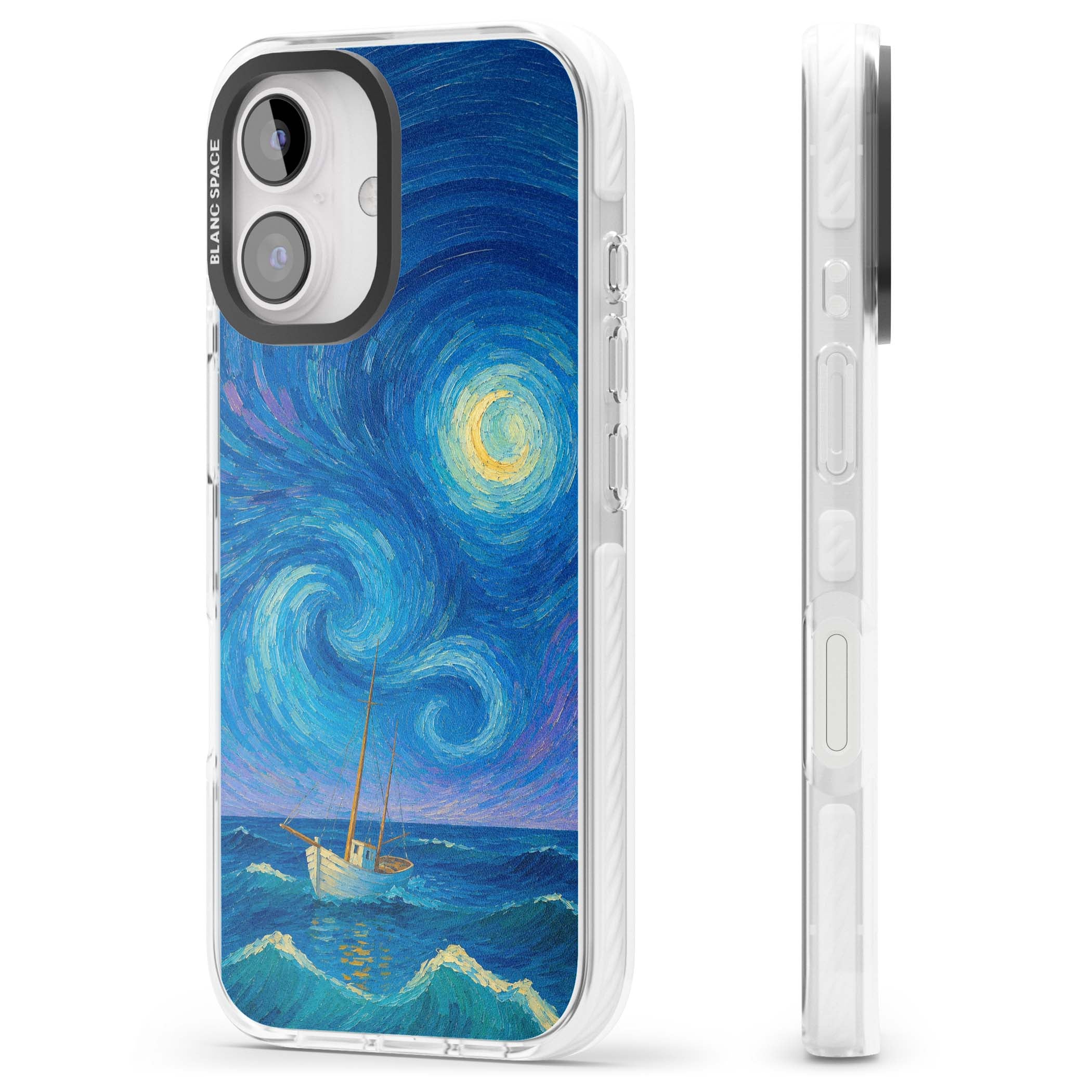 Moonlit Tide Van Gogh art iPhone case featuring swirling starry night sky, glowing moon and lone sailing boat at sea | Impact Magsafe case for iPhone 16, iPhone 16 Plus