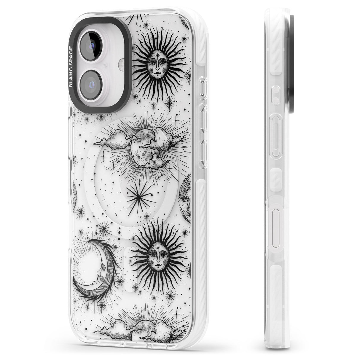 iPhone 16 Pro Max Transparent Suns, Moons & Clouds Black Impact Phone Case