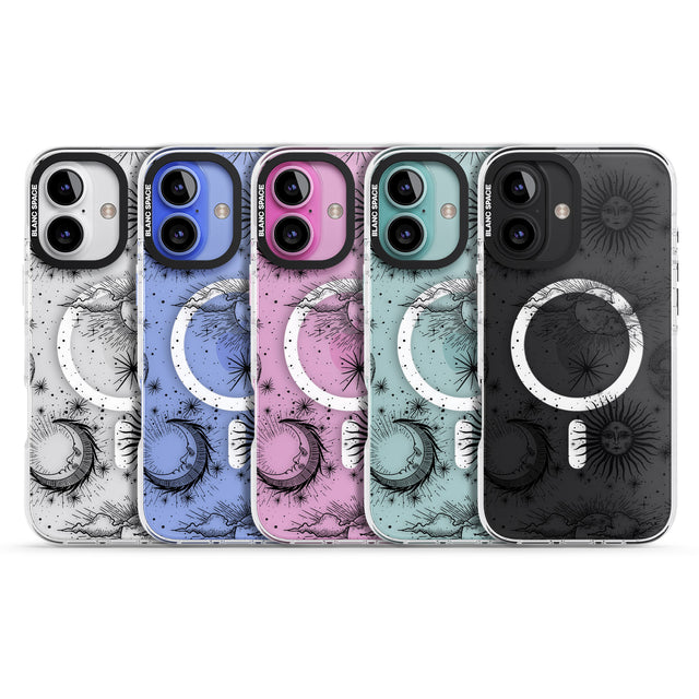 iPhone 16 Pro Max Transparent Suns, Moons & Clouds Black Impact Phone Case