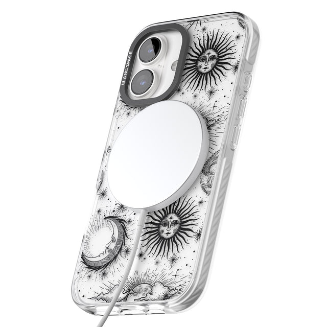 iPhone 16 Pro Max Transparent Suns, Moons & Clouds Black Impact Phone Case