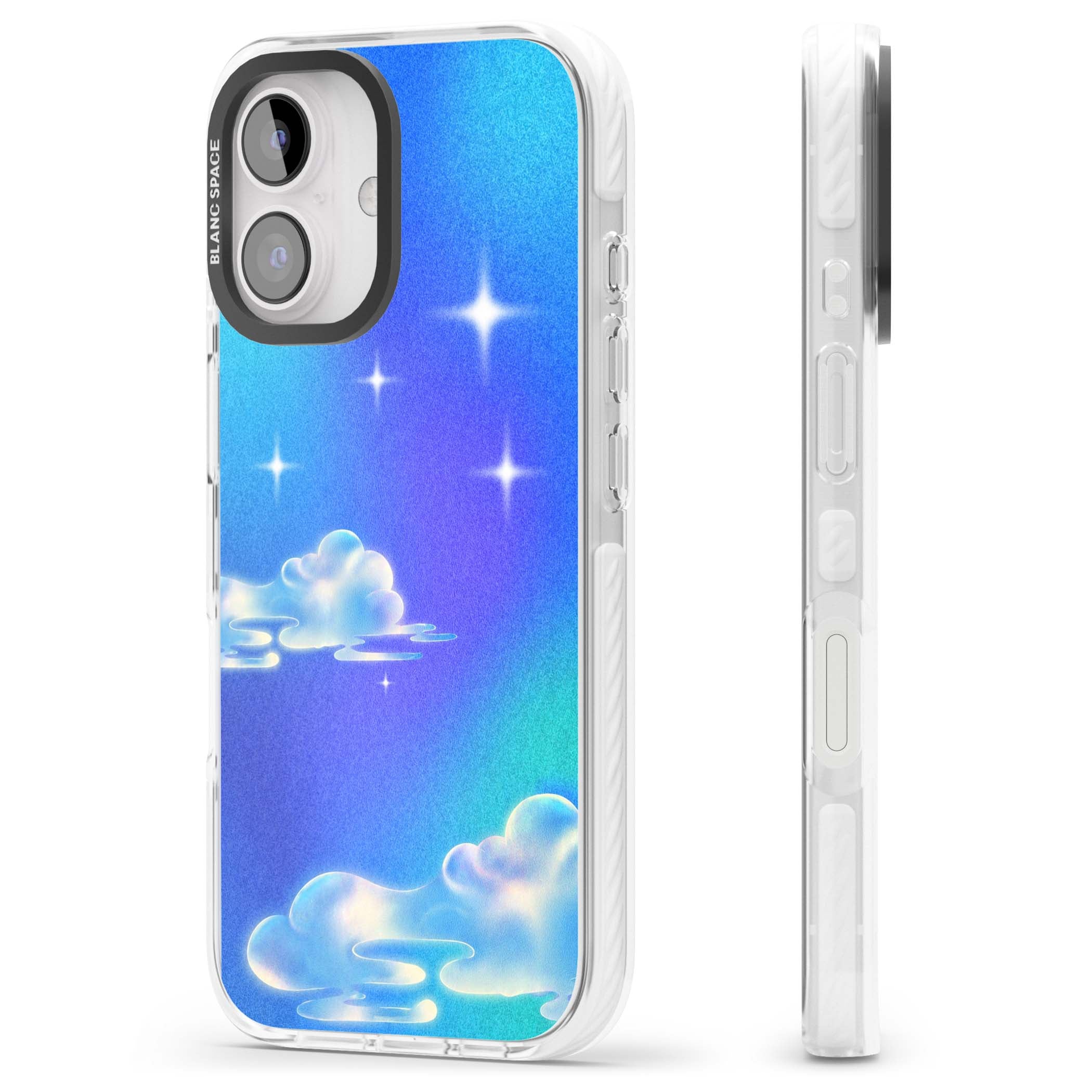 Aurora celestial iPhone case featuring dreamy iridescent clouds, sparkling stars and pastel blue purple sky | Impact Magsafe case for iPhone 16, iPhone 16 Plus