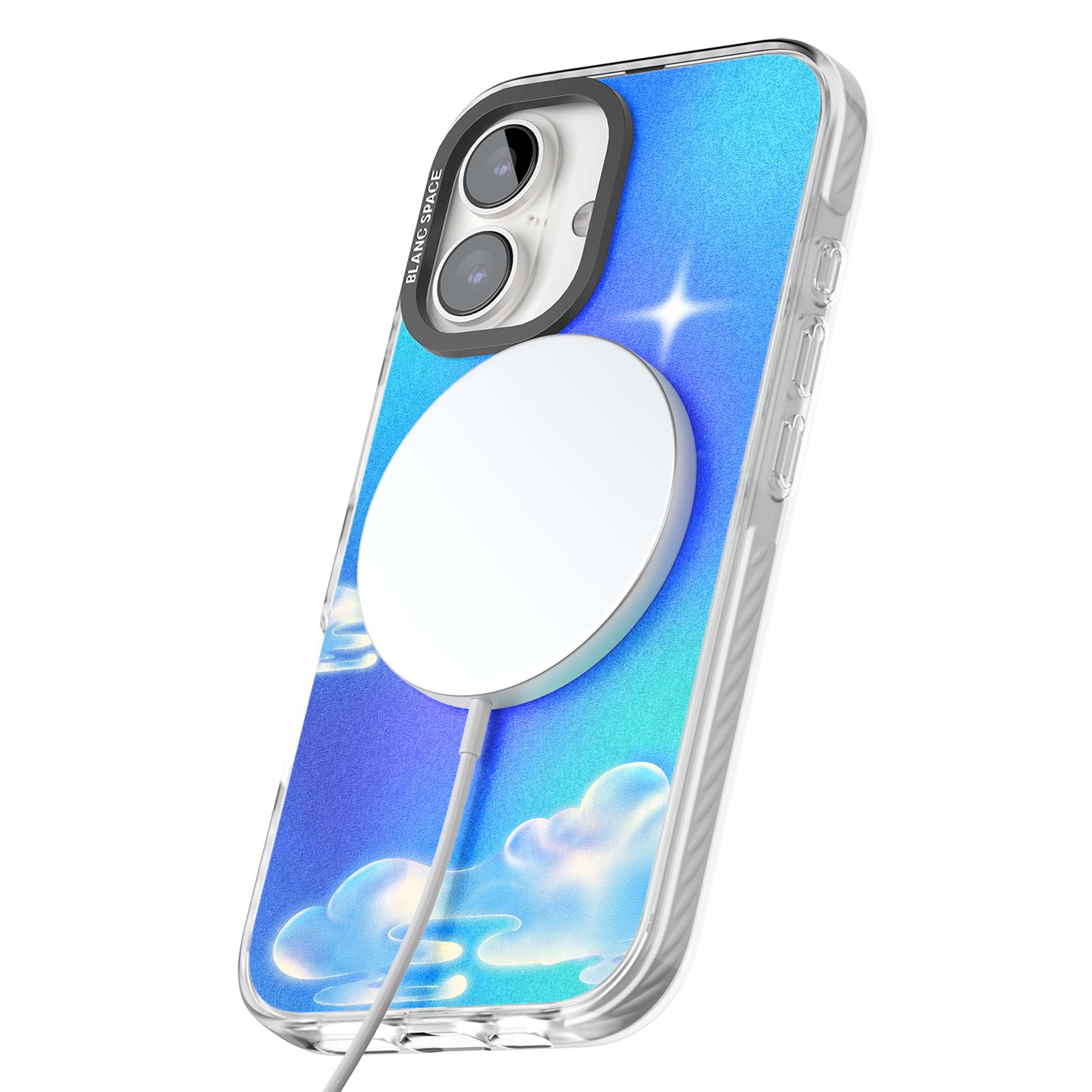 Aurora celestial iPhone case featuring dreamy iridescent clouds, sparkling stars and pastel blue purple sky | Impact Magsafe case for iPhone 16, iPhone 16 Plus