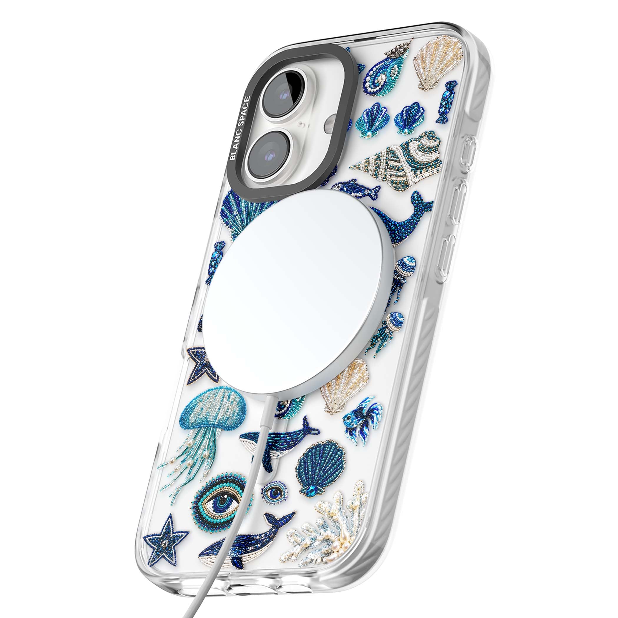 Beaded Coastal coastal iPhone case featuring embroidered seashells, jellyfish and a blue whale on clear | Impact Magsafe case for iPhone 16, iPhone 16 Plus