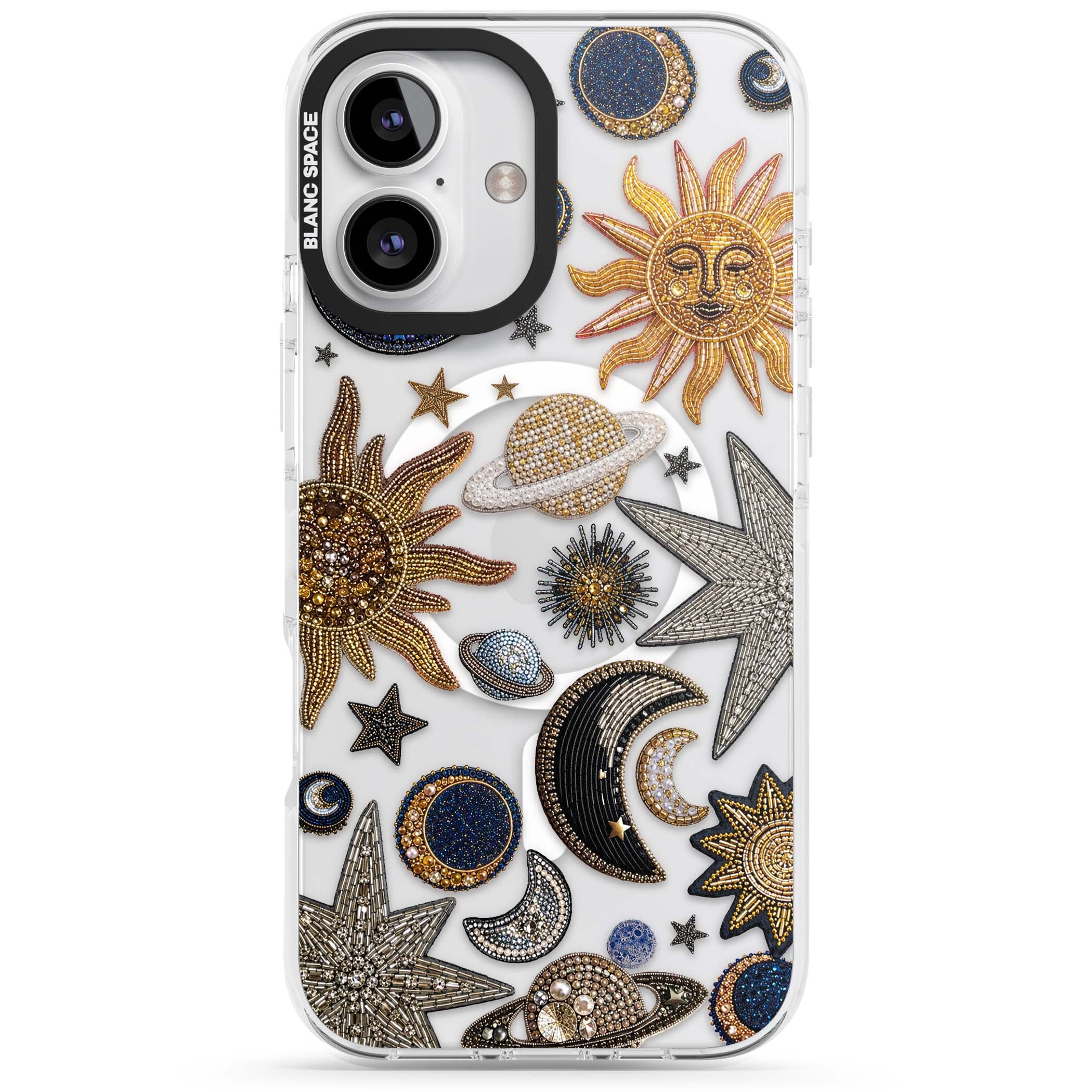 Beaded Cosmos celestial iPhone case featuring embroidered golden suns, beaded planets and silver shooting stars | Impact Magsafe case for iPhone 16, iPhone 16 Plus