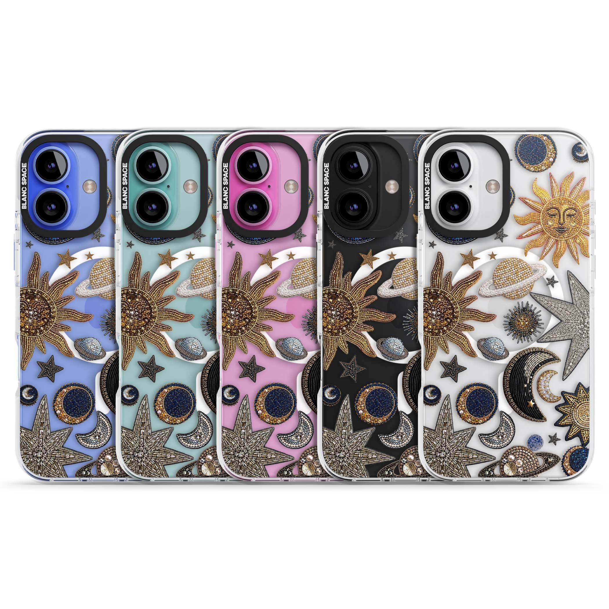 Beaded Cosmos celestial iPhone case featuring embroidered golden suns, beaded planets and silver shooting stars | Impact Magsafe case for iPhone 16, iPhone 16 Plus