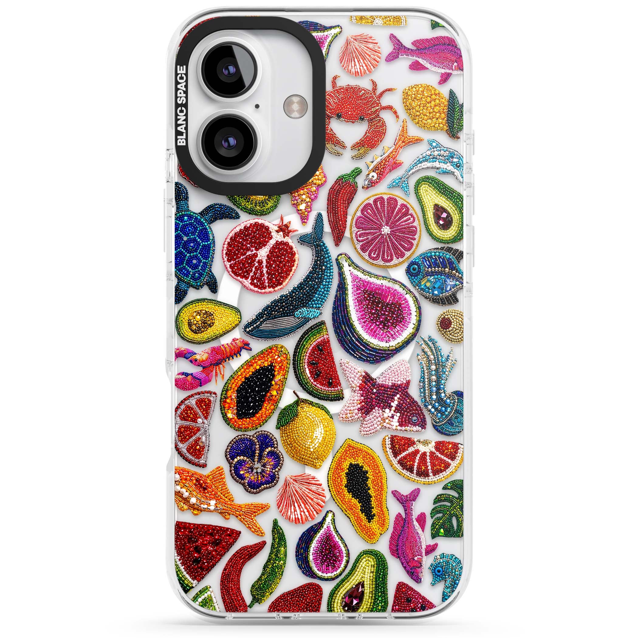 Beaded Tropic tropical iPhone case featuring beaded fruit, fish, crabs and seashells in vibrant colour | Impact Magsafe case for iPhone 16, iPhone 16 Plus