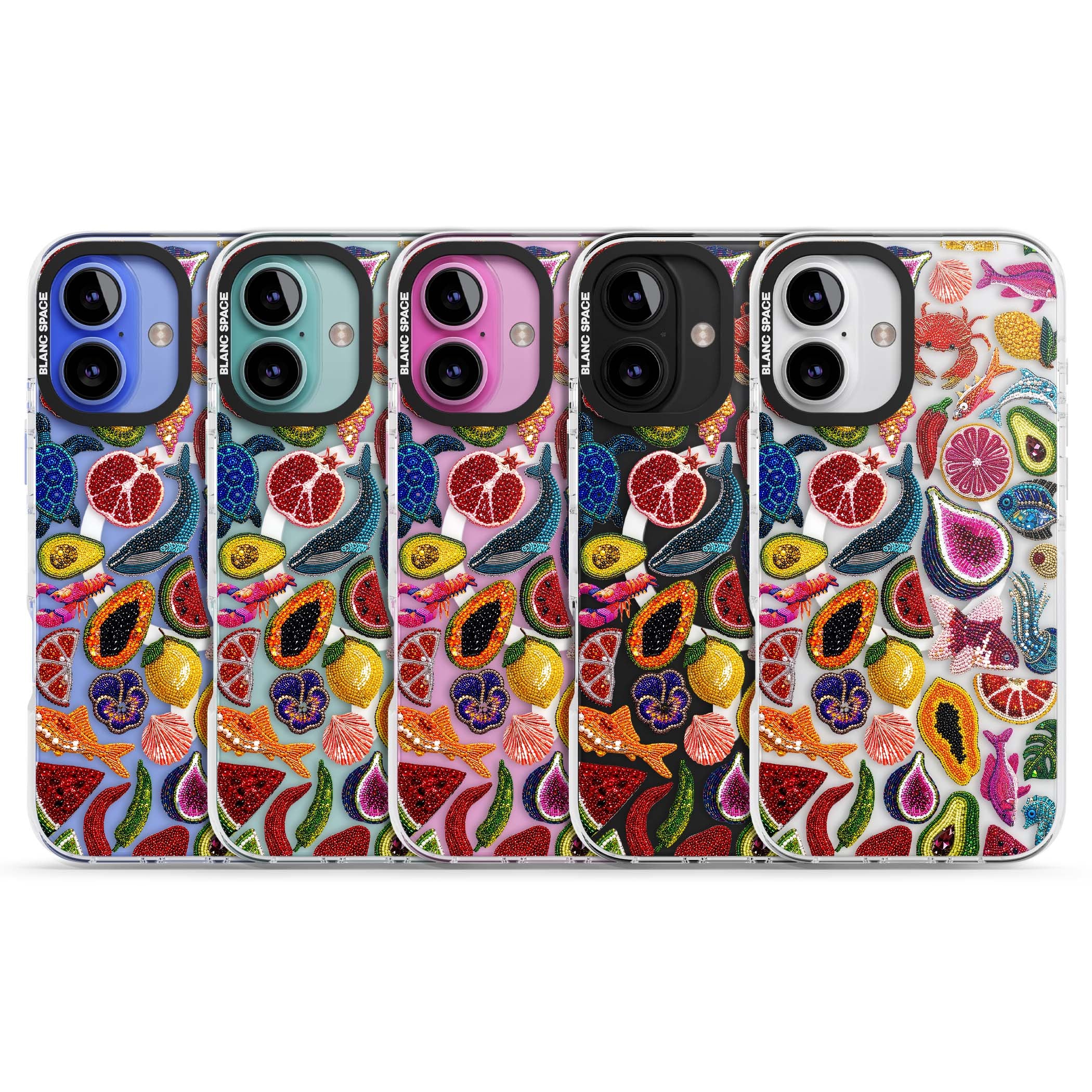 Beaded Tropic tropical iPhone case featuring beaded fruit, fish, crabs and seashells in vibrant colour | Impact Magsafe case for iPhone 16, iPhone 16 Plus