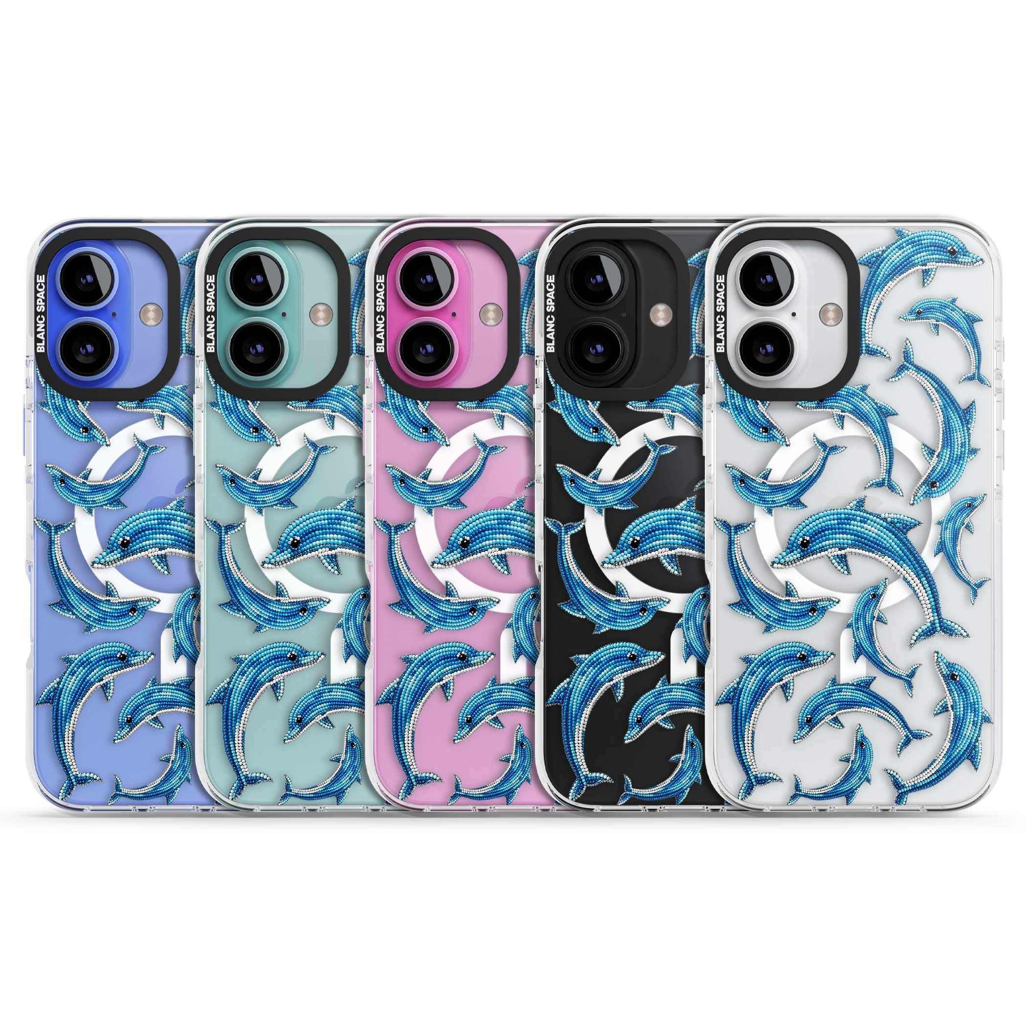 Beaded Dolphins coastal iPhone case featuring beaded dolphins in blue and white swimming across a clear background | Impact Magsafe case for iPhone 16, iPhone 16 Plus