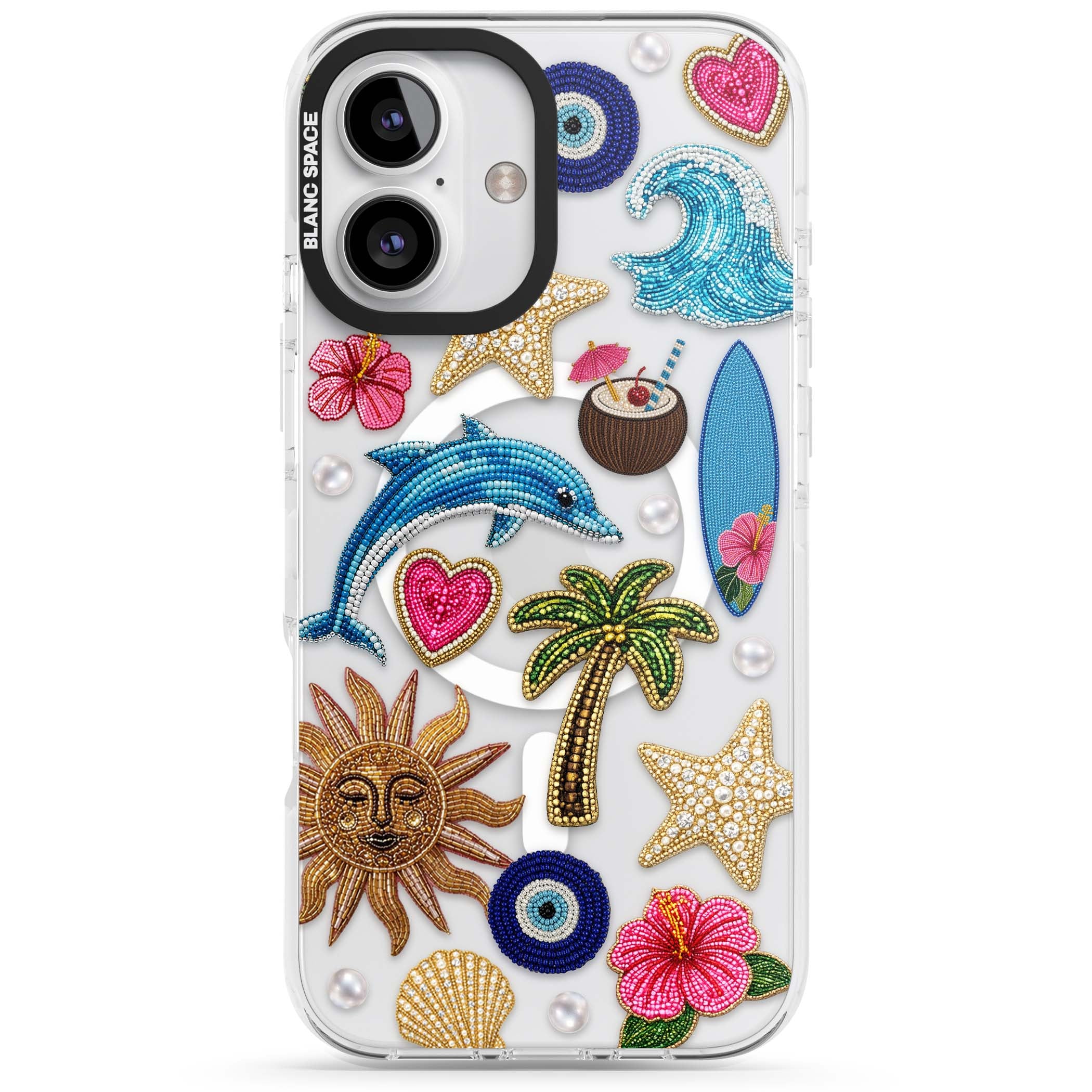 Beaded Beach coastal summer iPhone case featuring embroidered evil eye, hibiscus flowers, dolphin and palm tree patches | Impact Magsafe case for iPhone 16, iPhone 16 Plus