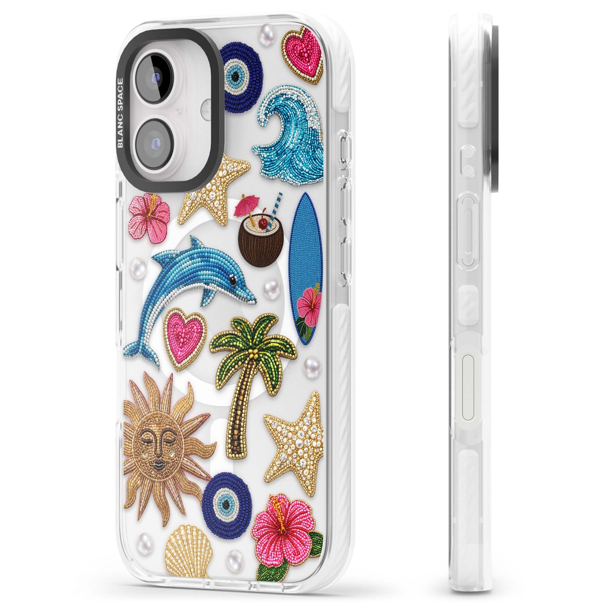 Beaded Beach coastal summer iPhone case featuring embroidered evil eye, hibiscus flowers, dolphin and palm tree patches | Impact Magsafe case for iPhone 16, iPhone 16 Plus