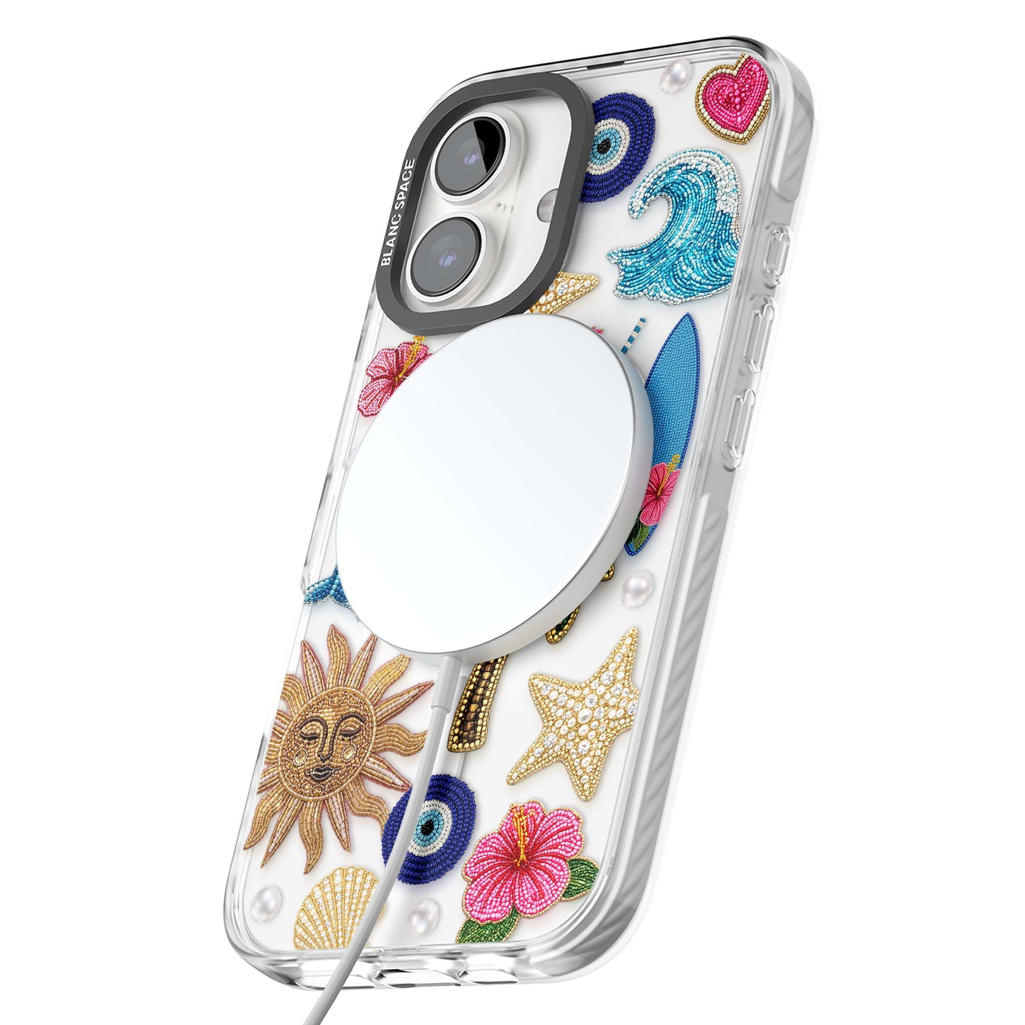 Beaded Beach coastal summer iPhone case featuring embroidered evil eye, hibiscus flowers, dolphin and palm tree patches | Impact Magsafe case for iPhone 16, iPhone 16 Plus
