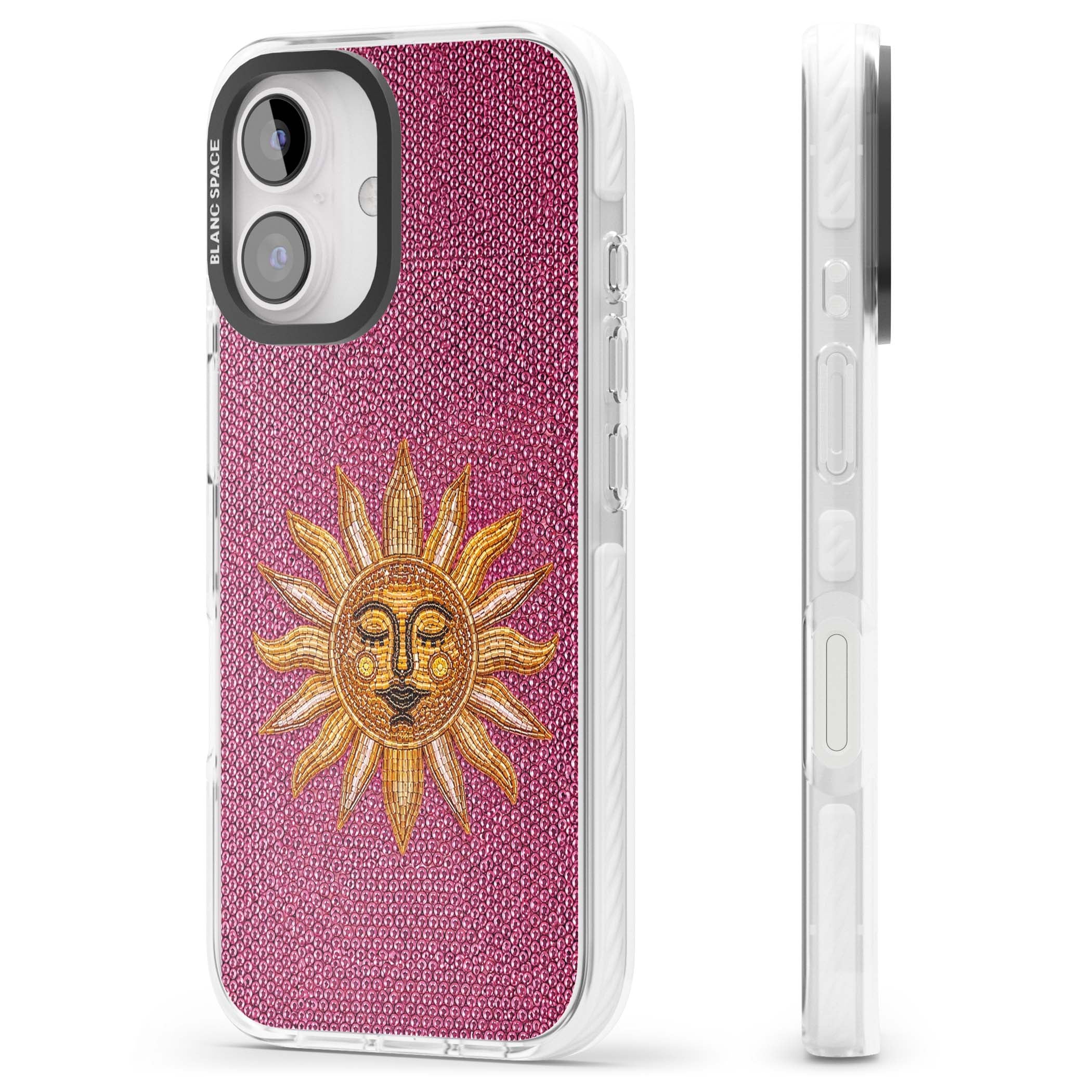 Beaded Sun celestial iPhone case featuring a golden beaded sun face with radiant rays on hot pink beaded background | Impact Magsafe case for iPhone 16, iPhone 16 Plus